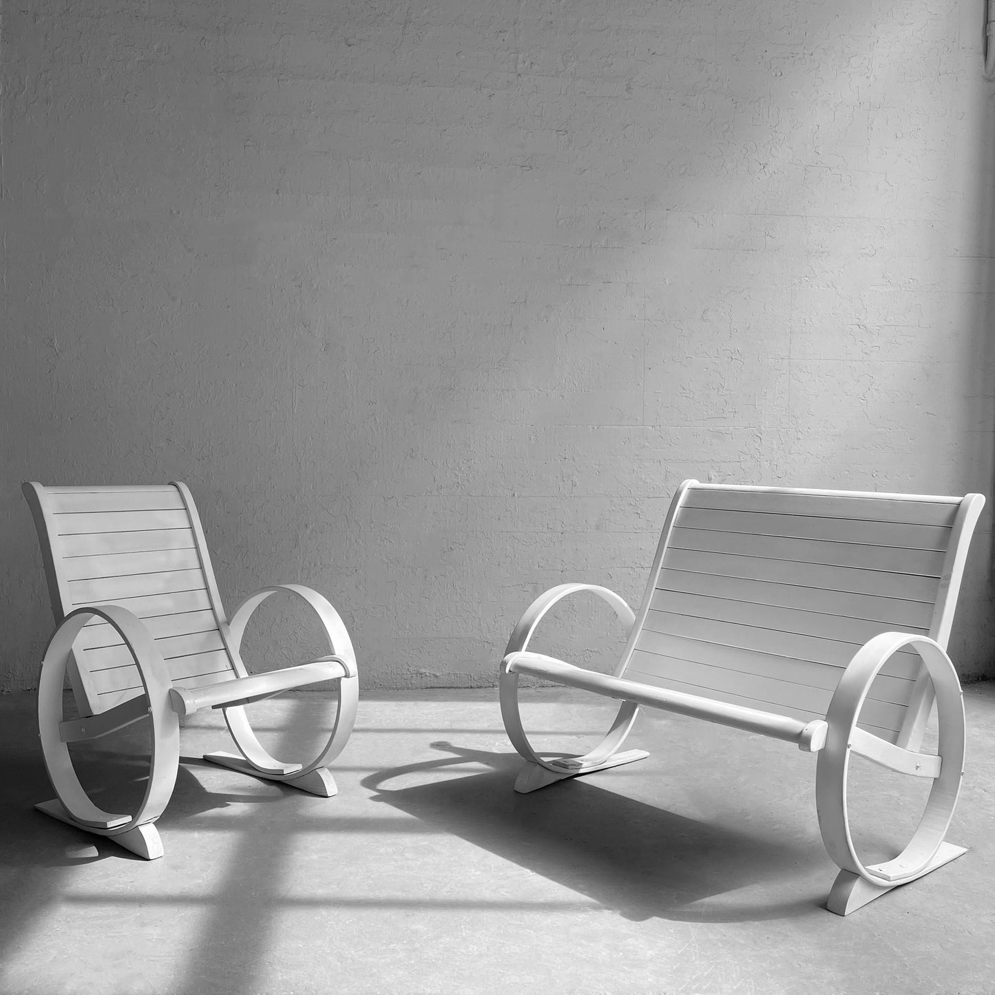 Mid-Century Painted Wood Outdoor Bench & Lounge Chair Set – Handmade