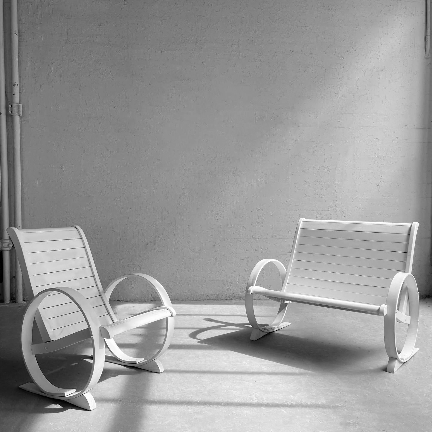 Mid-Century Painted Wood Outdoor Bench & Lounge Chair Set – Handmade