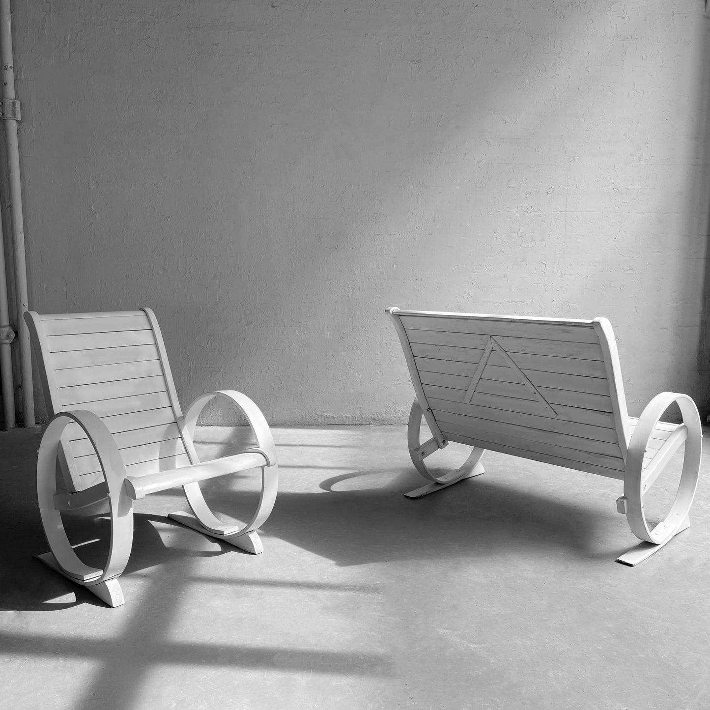 Mid-Century Painted Wood Outdoor Bench & Lounge Chair Set – Handmade