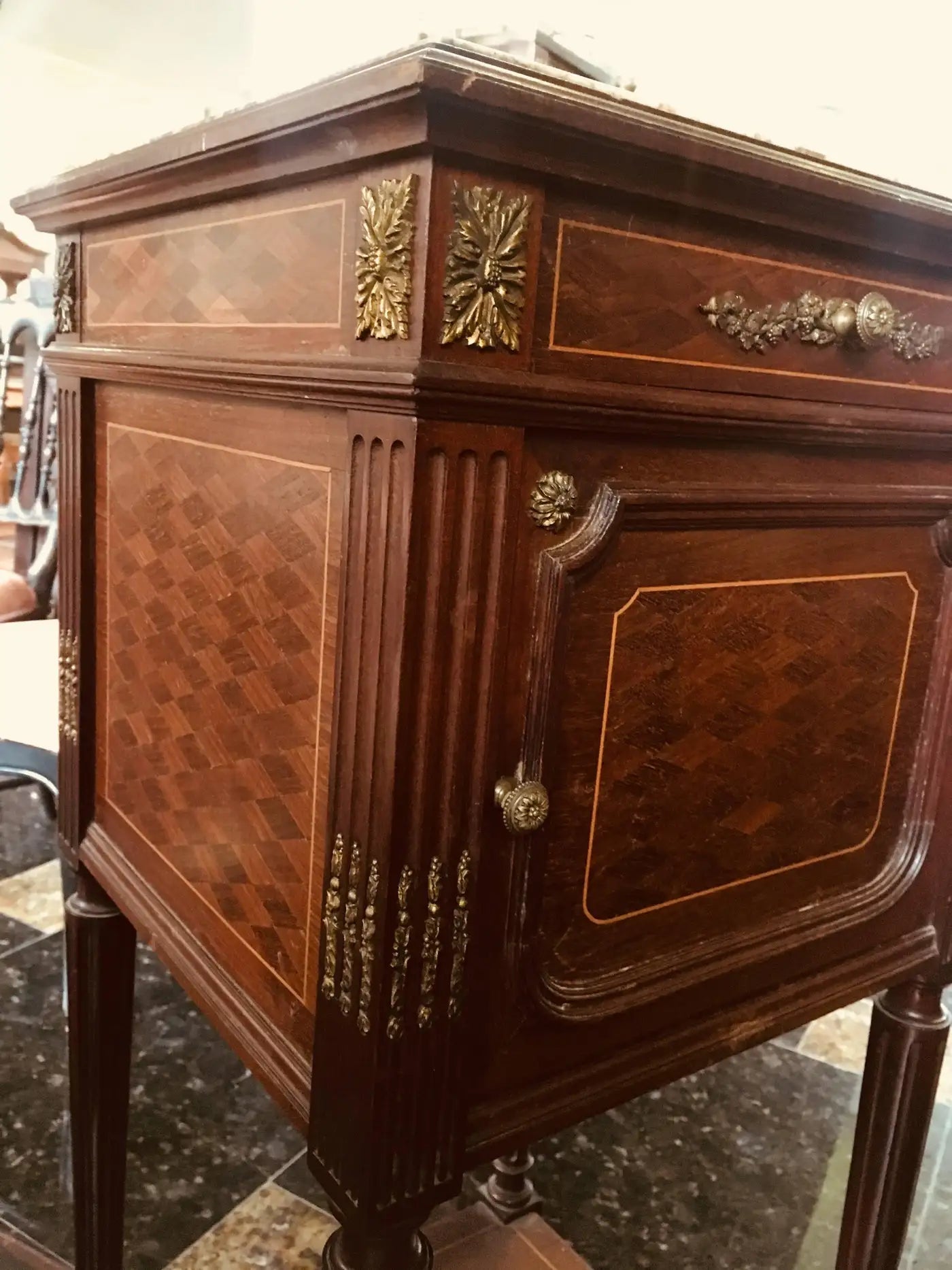 19th Century Mahogany Marble-Top Nightstand with Bronze Decoration