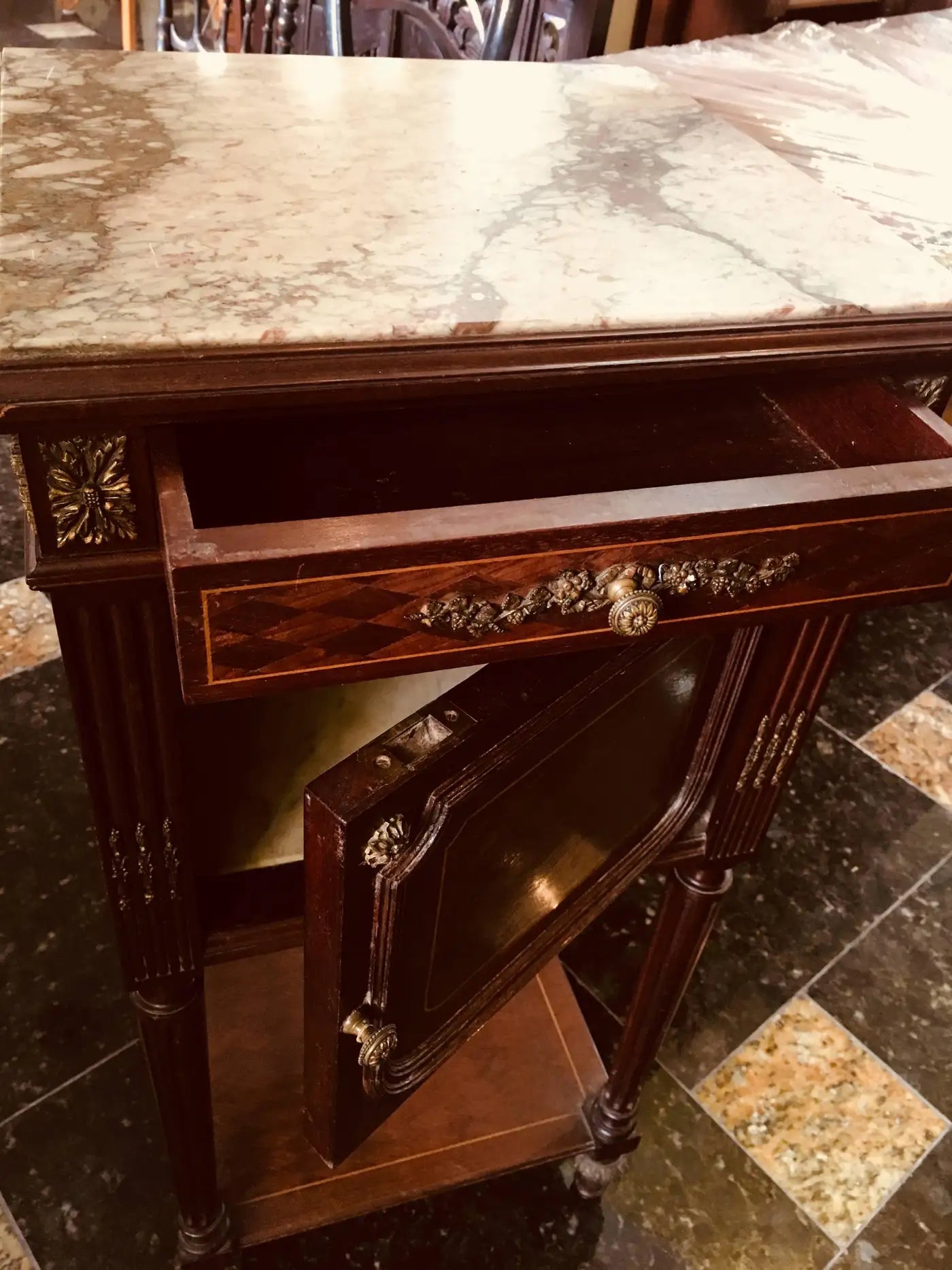 19th Century Mahogany Marble-Top Nightstand with Bronze Decoration