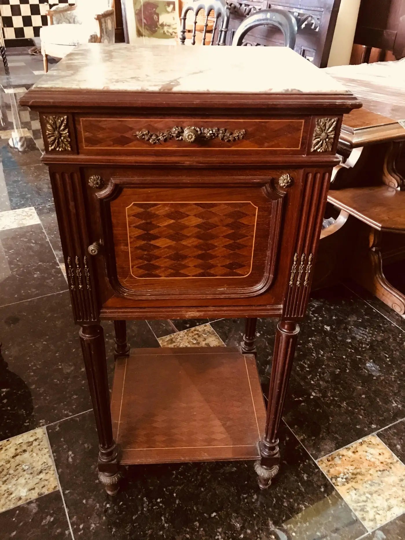 19th Century Mahogany Marble-Top Nightstand with Bronze Decoration