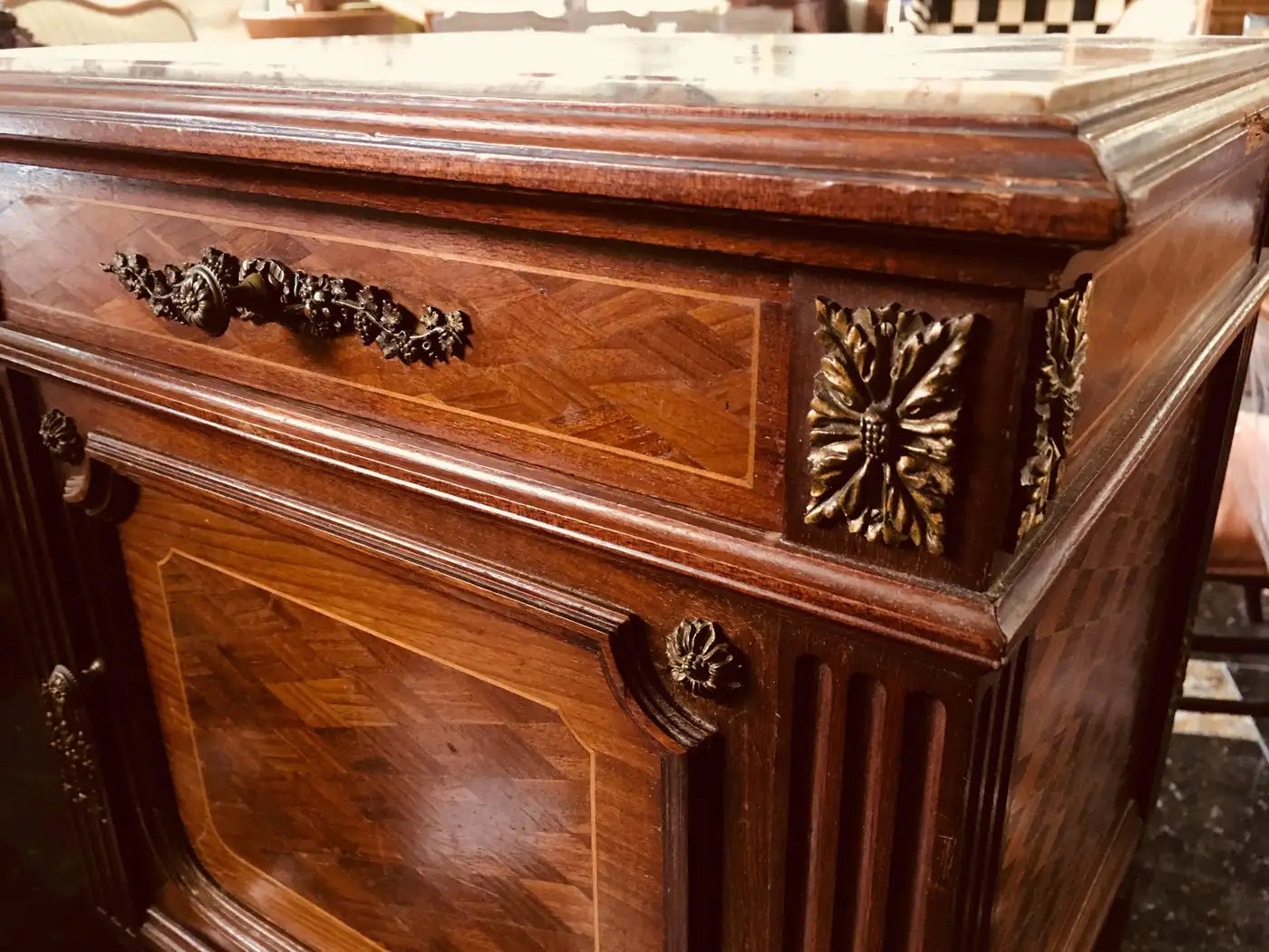 19th Century Mahogany Marble-Top Nightstand with Bronze Decoration