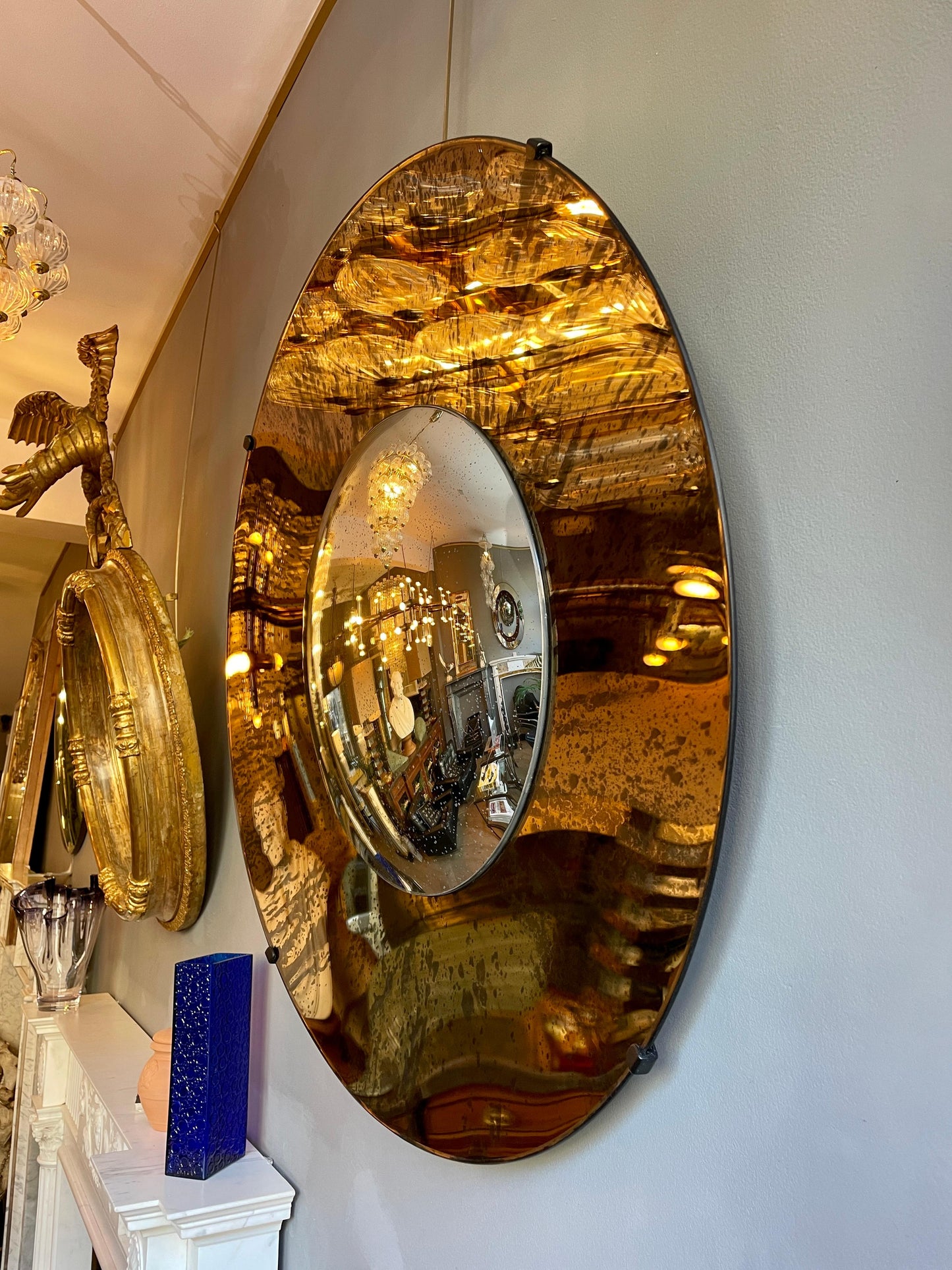 Distressed Bronze and Silver Concave Wall Mirror – Frameless Design