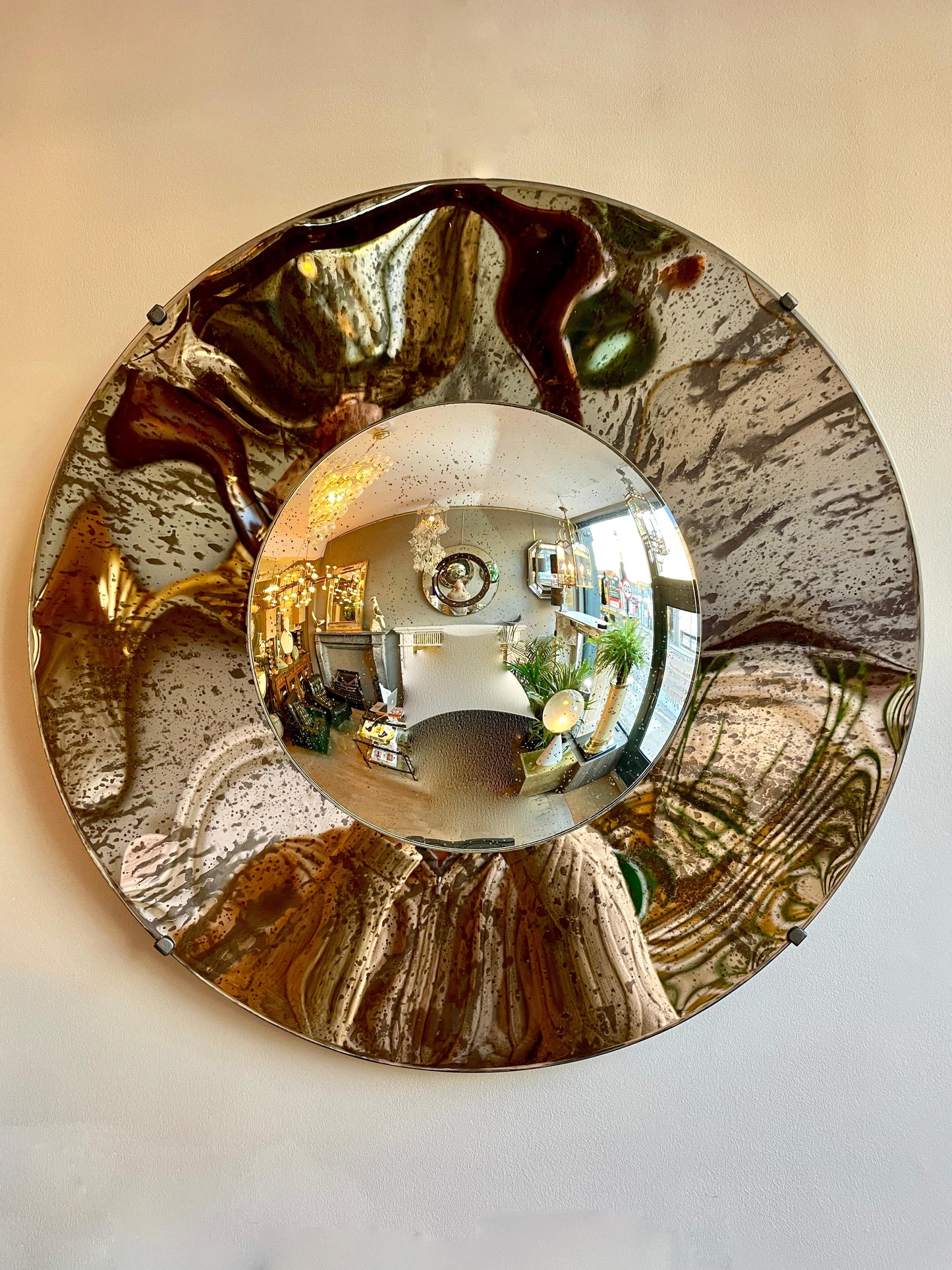 Distressed Bronze and Silver Concave Wall Mirror – Frameless Design