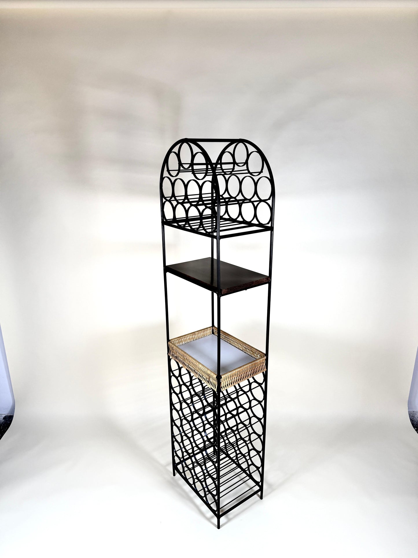 Vintage 1960s Arthur Umanoff Iron & Rattan Wine Rack with Shelves