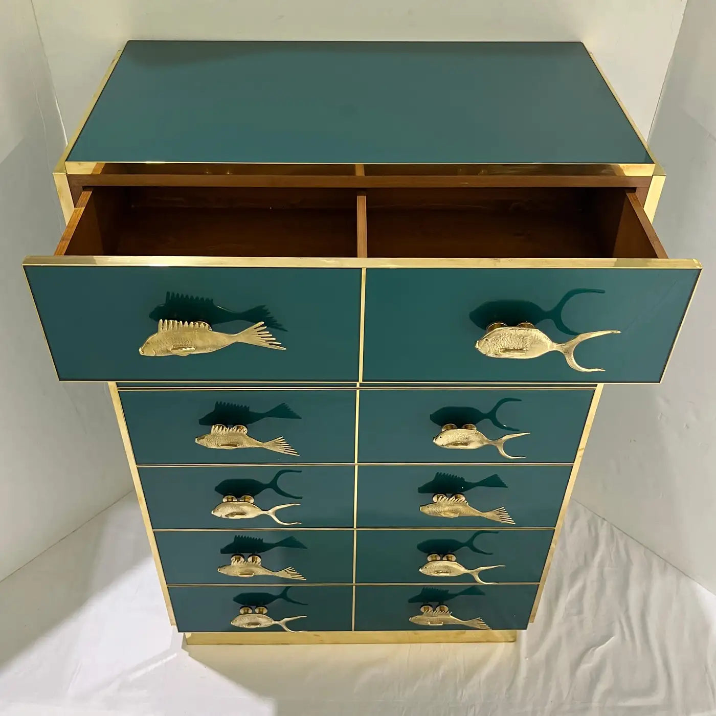Bespoke Italian Emerald Blue Green Art Glass 6-Drawer Highboy Dresser