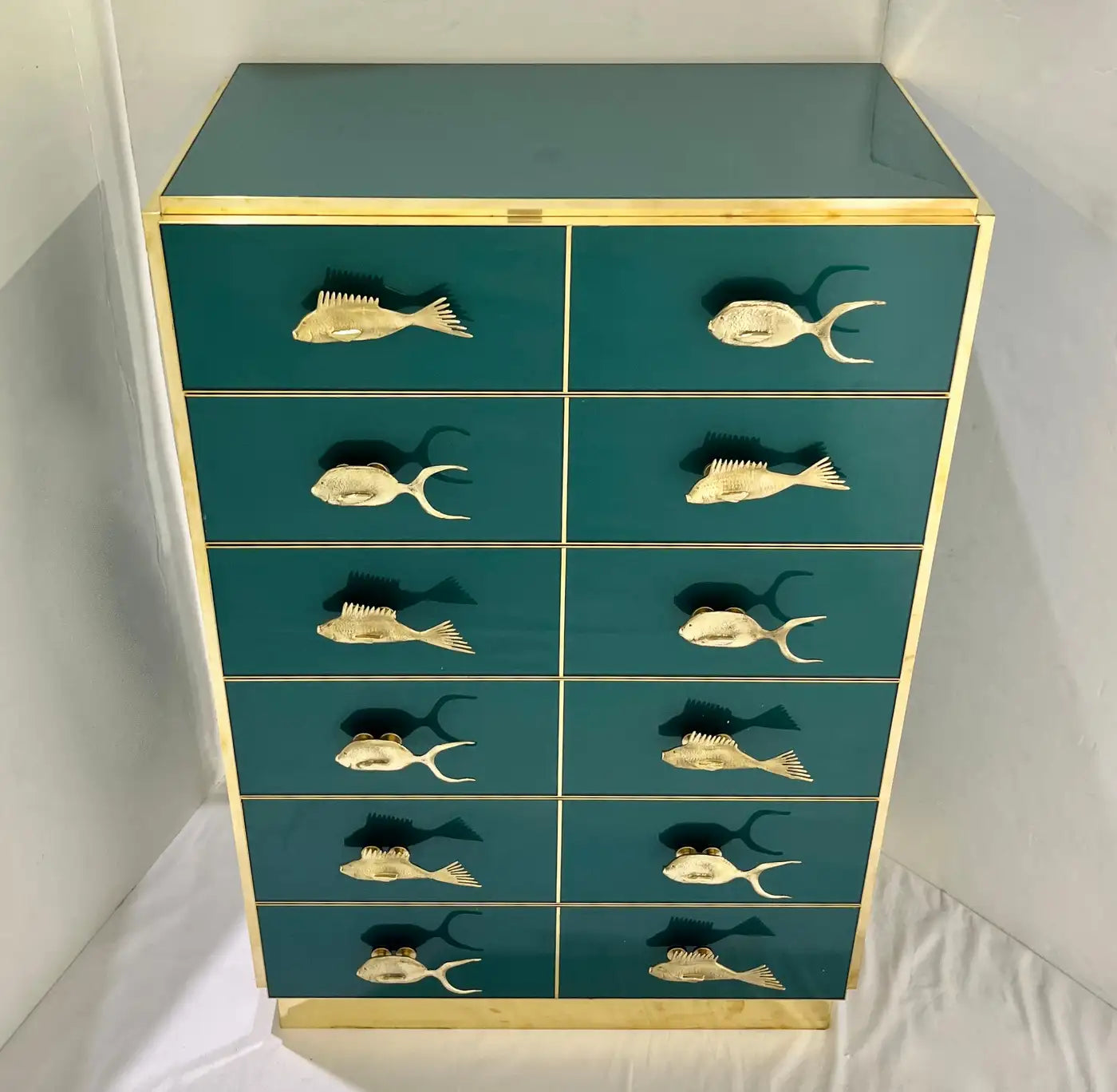 Bespoke Italian Emerald Blue Green Art Glass 6-Drawer Highboy Dresser