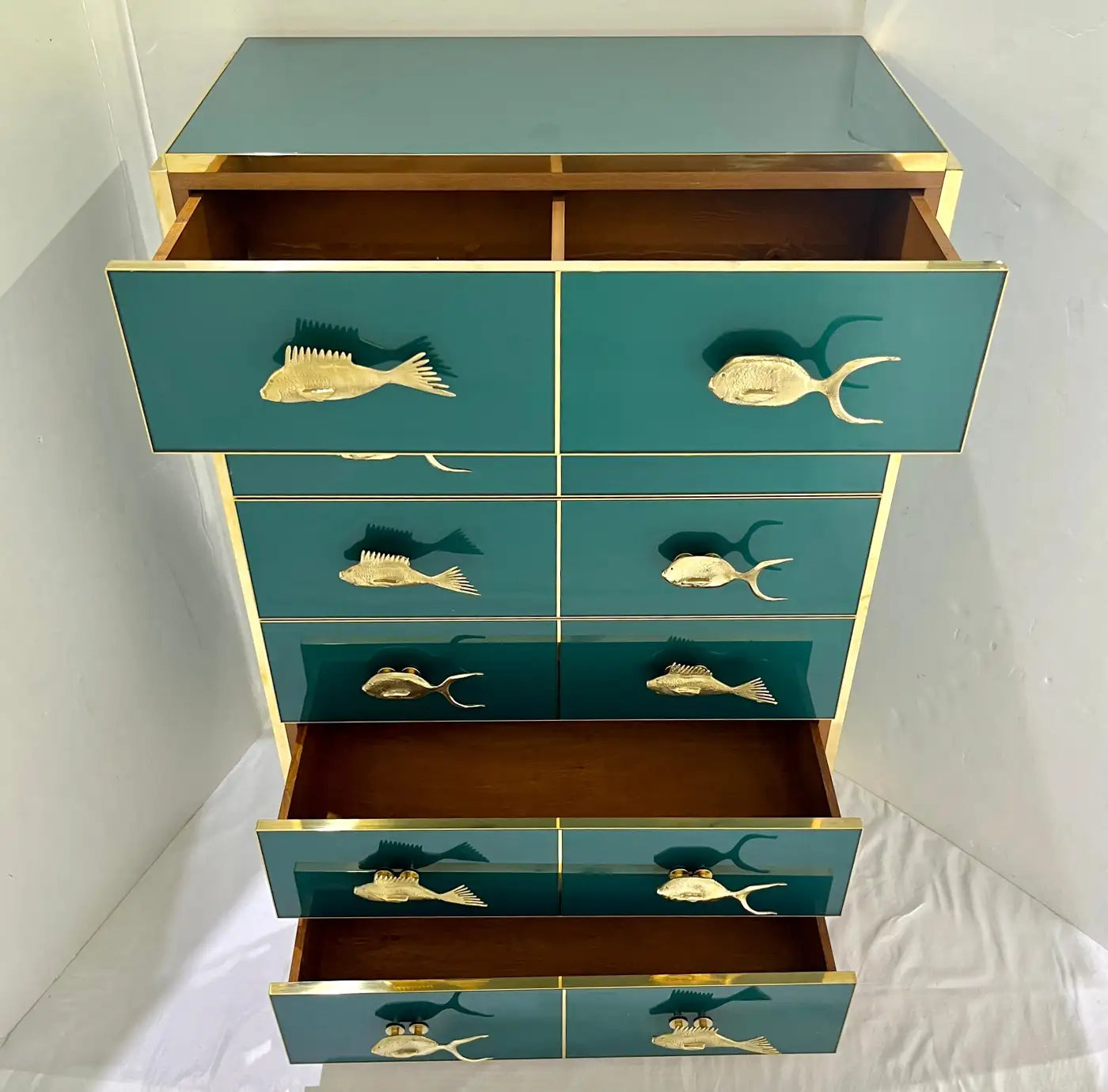Bespoke Italian Emerald Blue Green Art Glass 6-Drawer Highboy Dresser