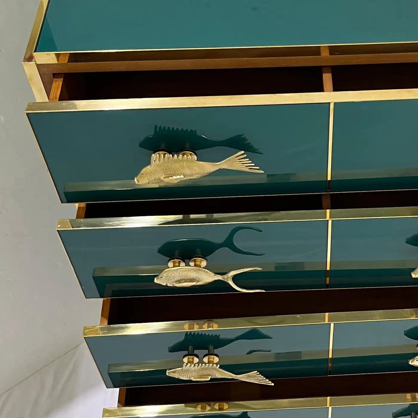 Bespoke Italian Emerald Blue Green Art Glass 6-Drawer Highboy Dresser