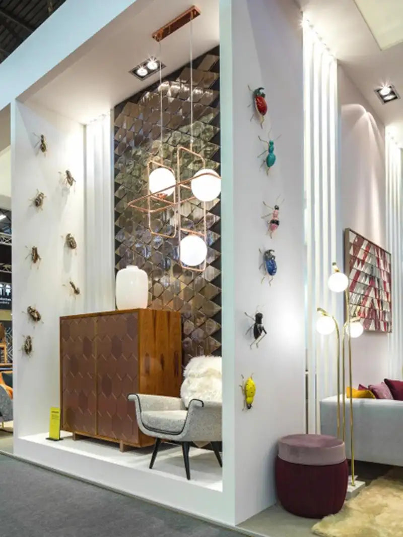 Modern interior design with furniture and decorative elements in a showroom setting.