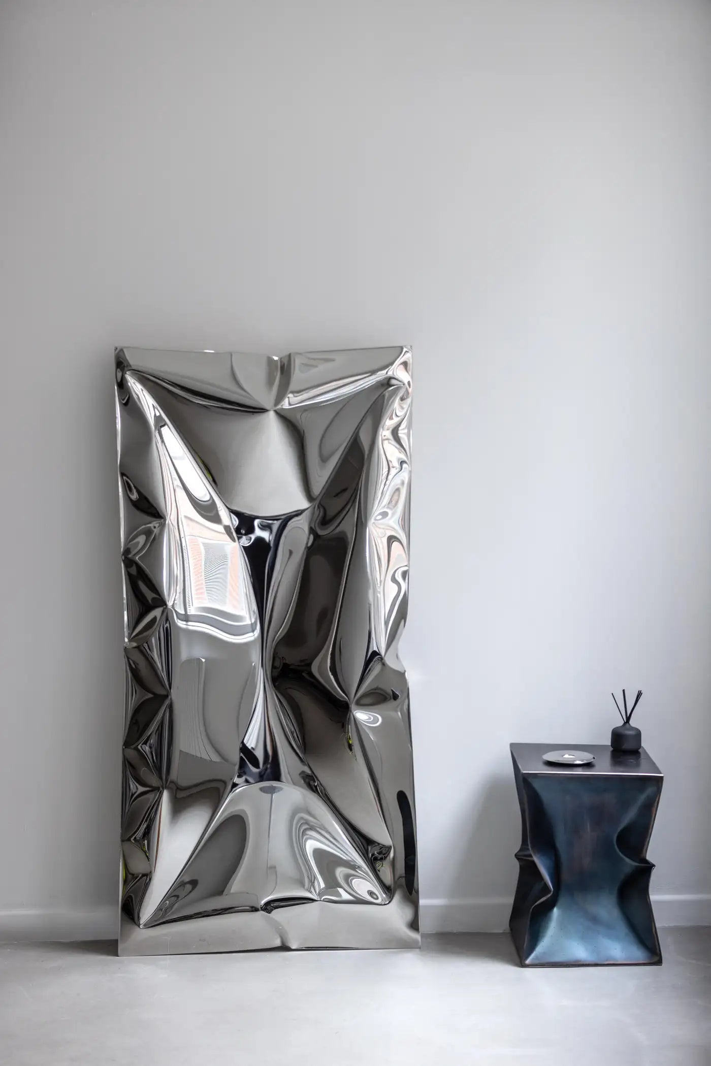 'Crush' inflated metal wall art large, stainless steel