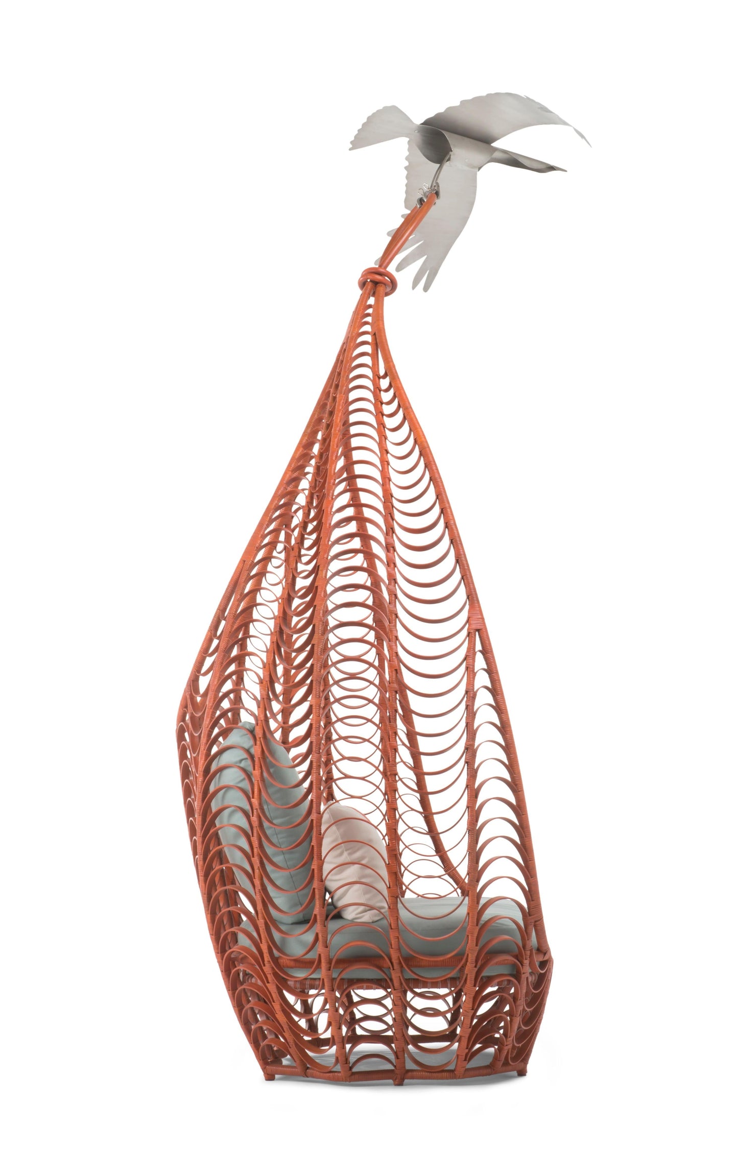Hanging chair with a bird ornament on a white background