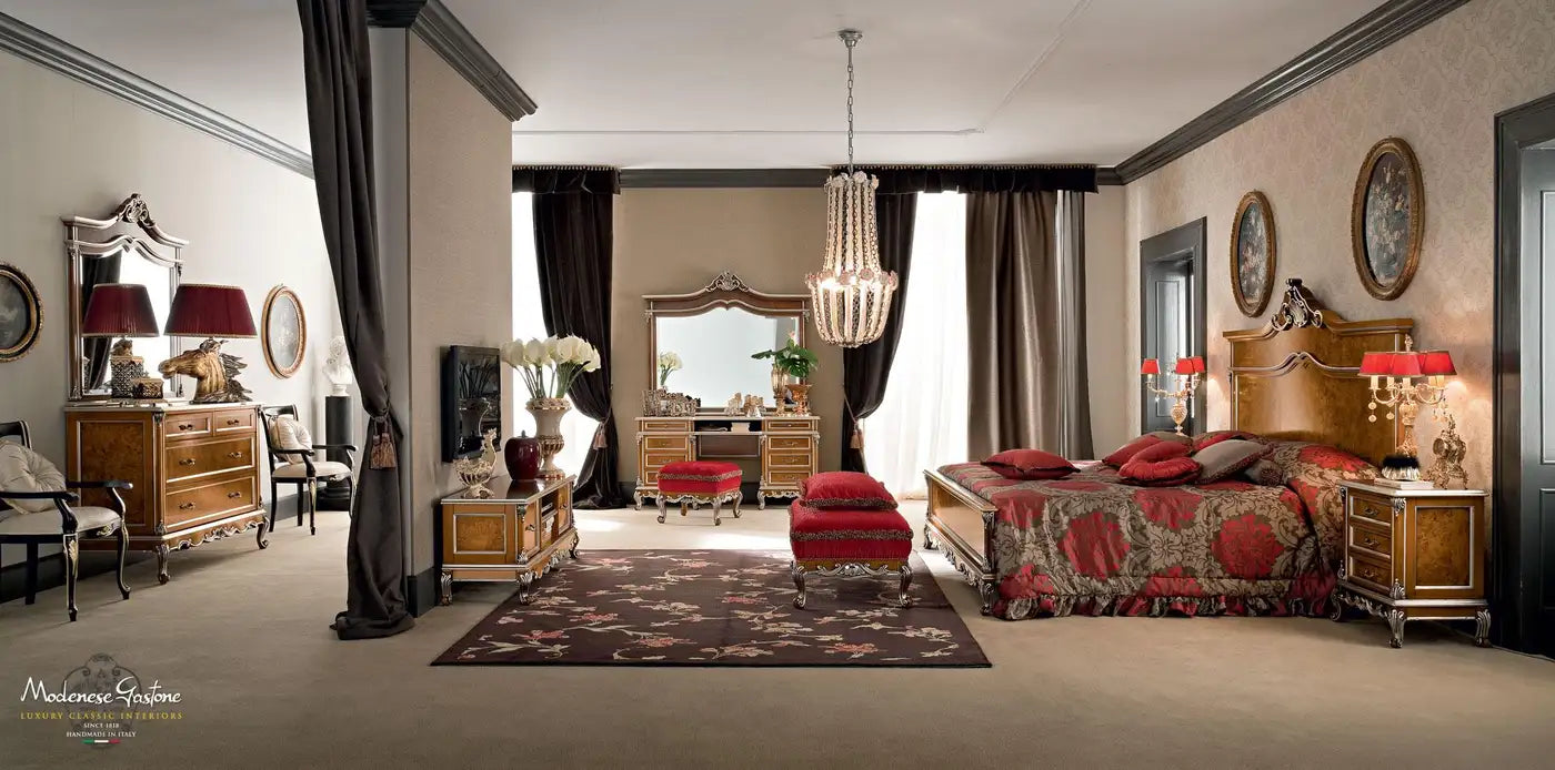 Luxurious bedroom with ornate furniture and decorative elements.