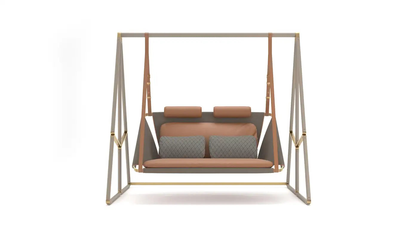 Tailor-Made Outdoor Swing in Brown Leather and Black Fabric