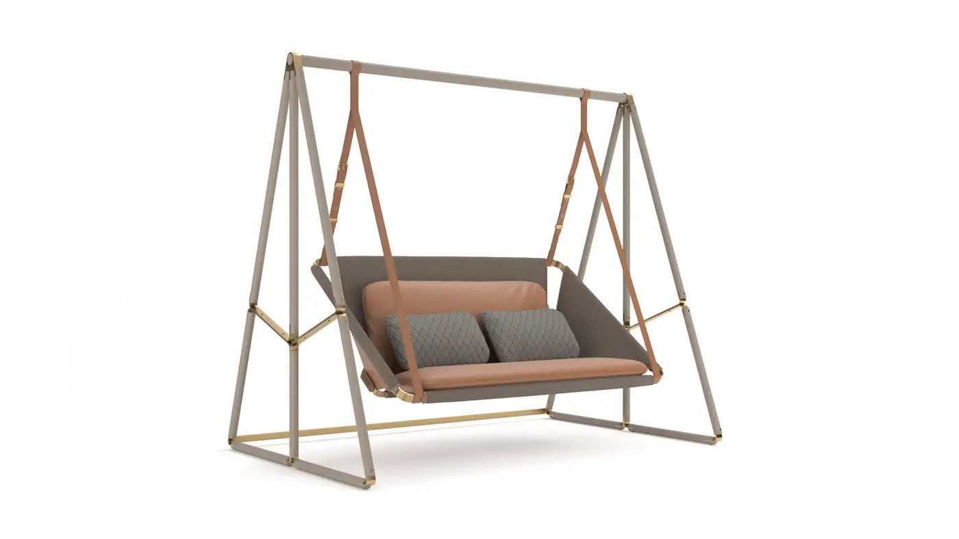 Tailor-Made Outdoor Swing in Brown Leather and Black Fabric