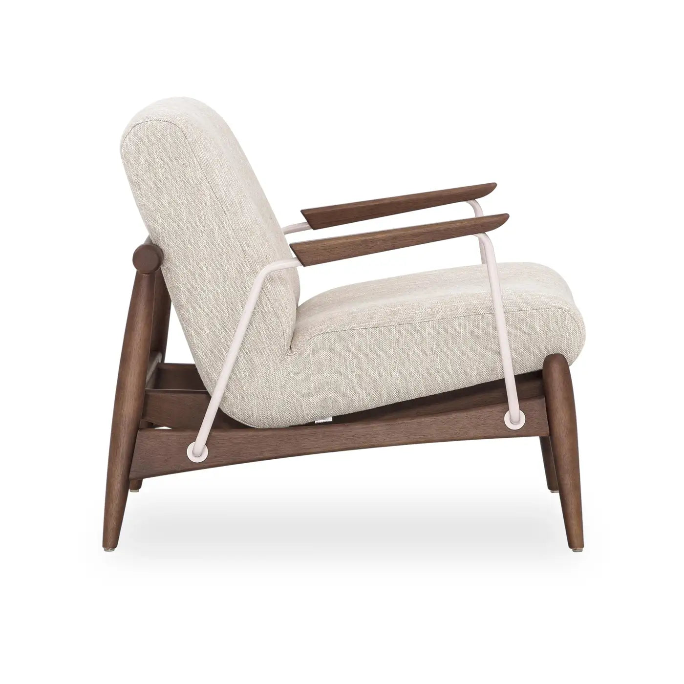 Modern chair with wooden frame and beige cushion on a white background
