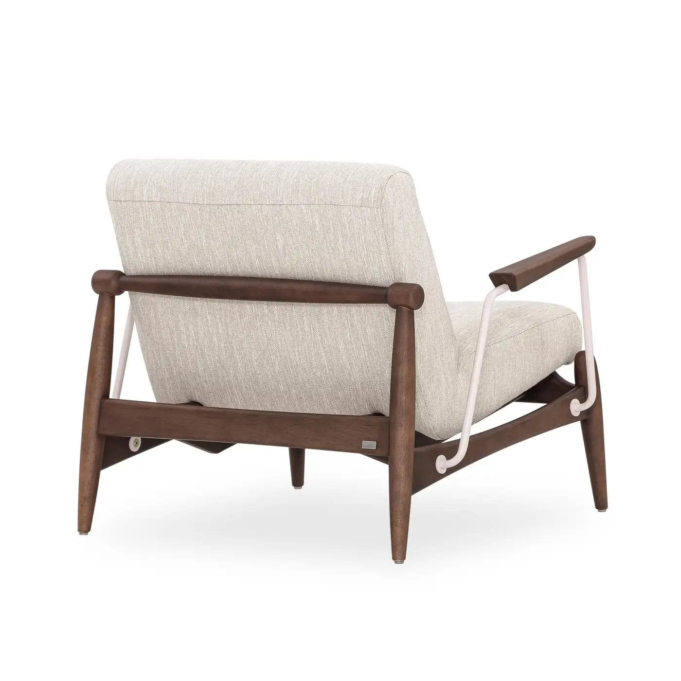 Beige armchair with wooden frame on a white background