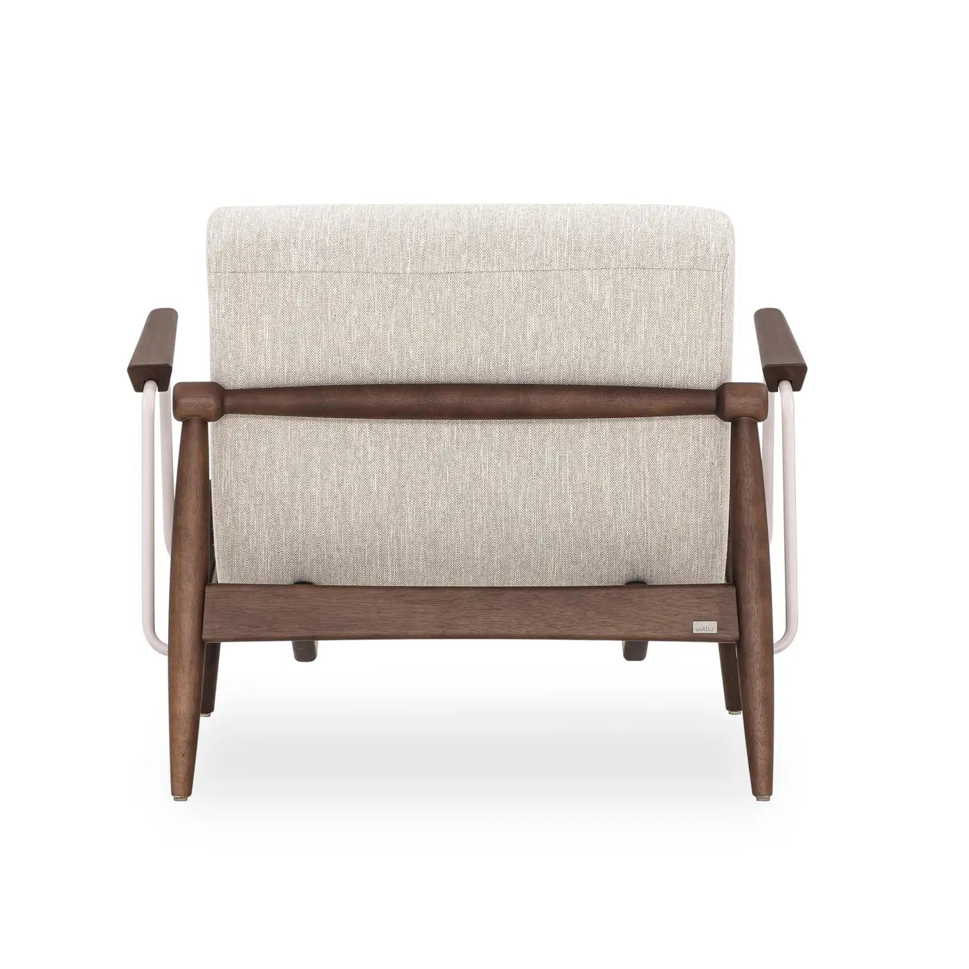 Chair with wooden frame and beige cushion on a white background