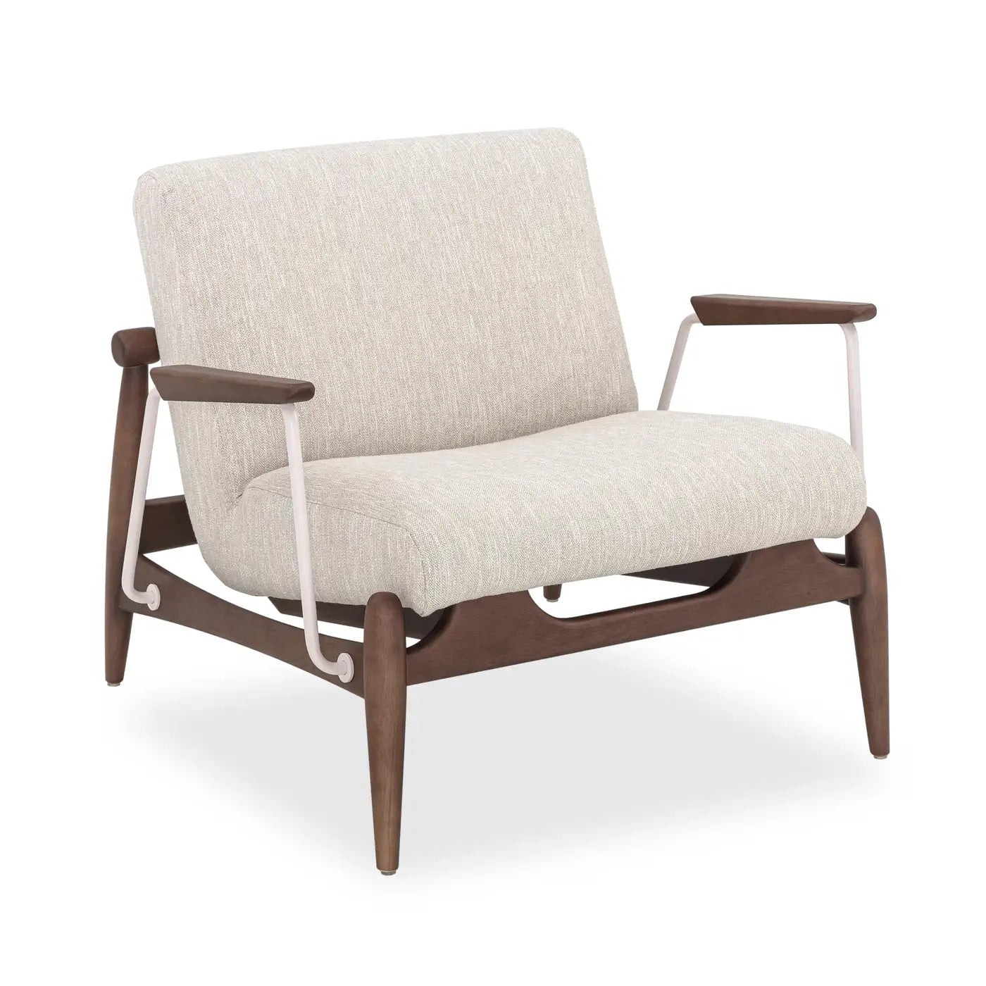 Beige armchair with wooden frame on a white background