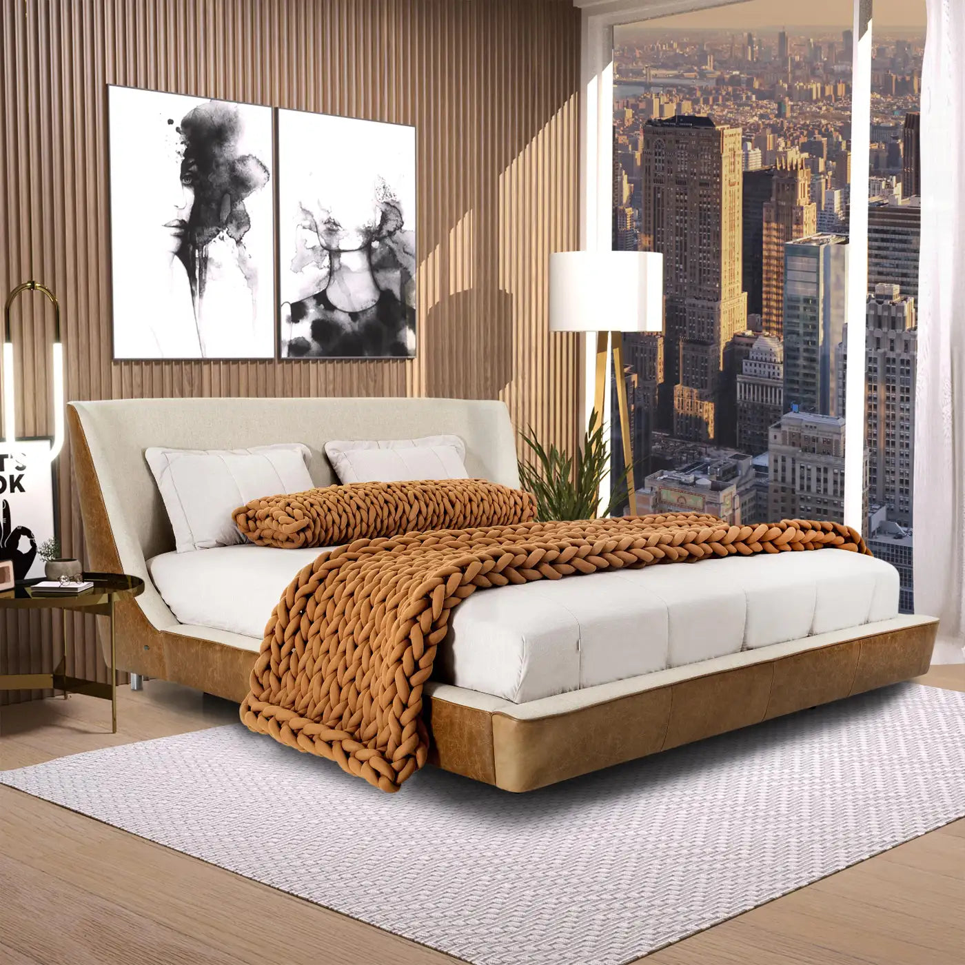 Brown Leather and Oatmeal Fabric Queen Bed, Shell Shaped Headboard - Musa Line