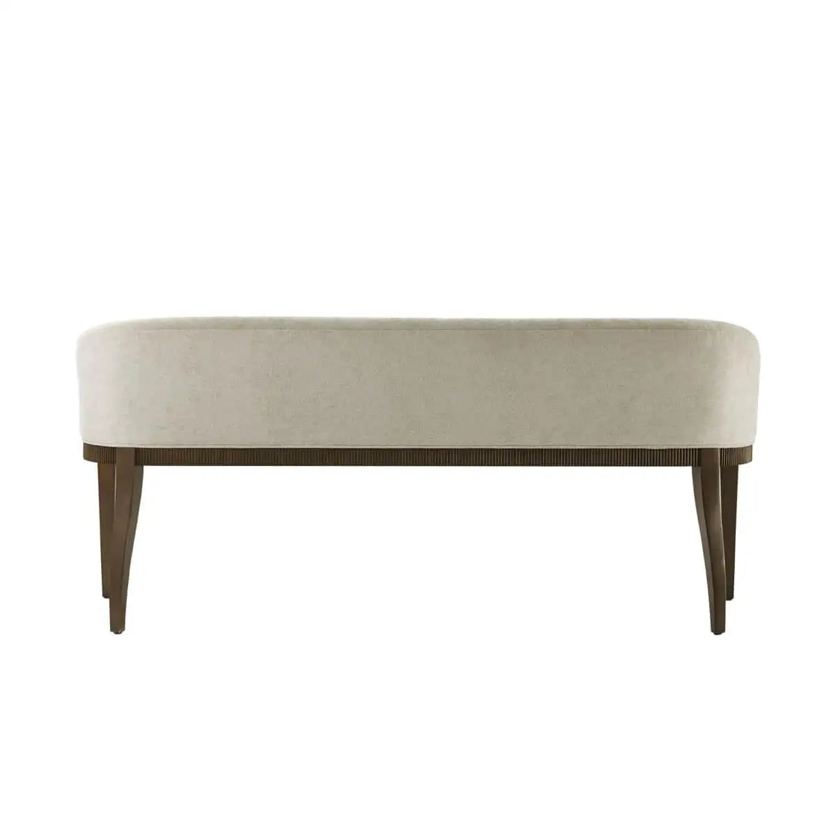 Beige upholstered bench with wooden legs on a white background