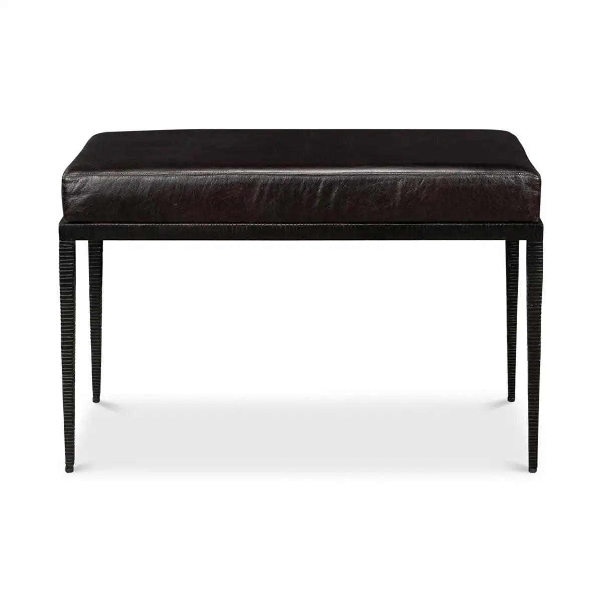 Dark brown leather bench with metal legs on a white background