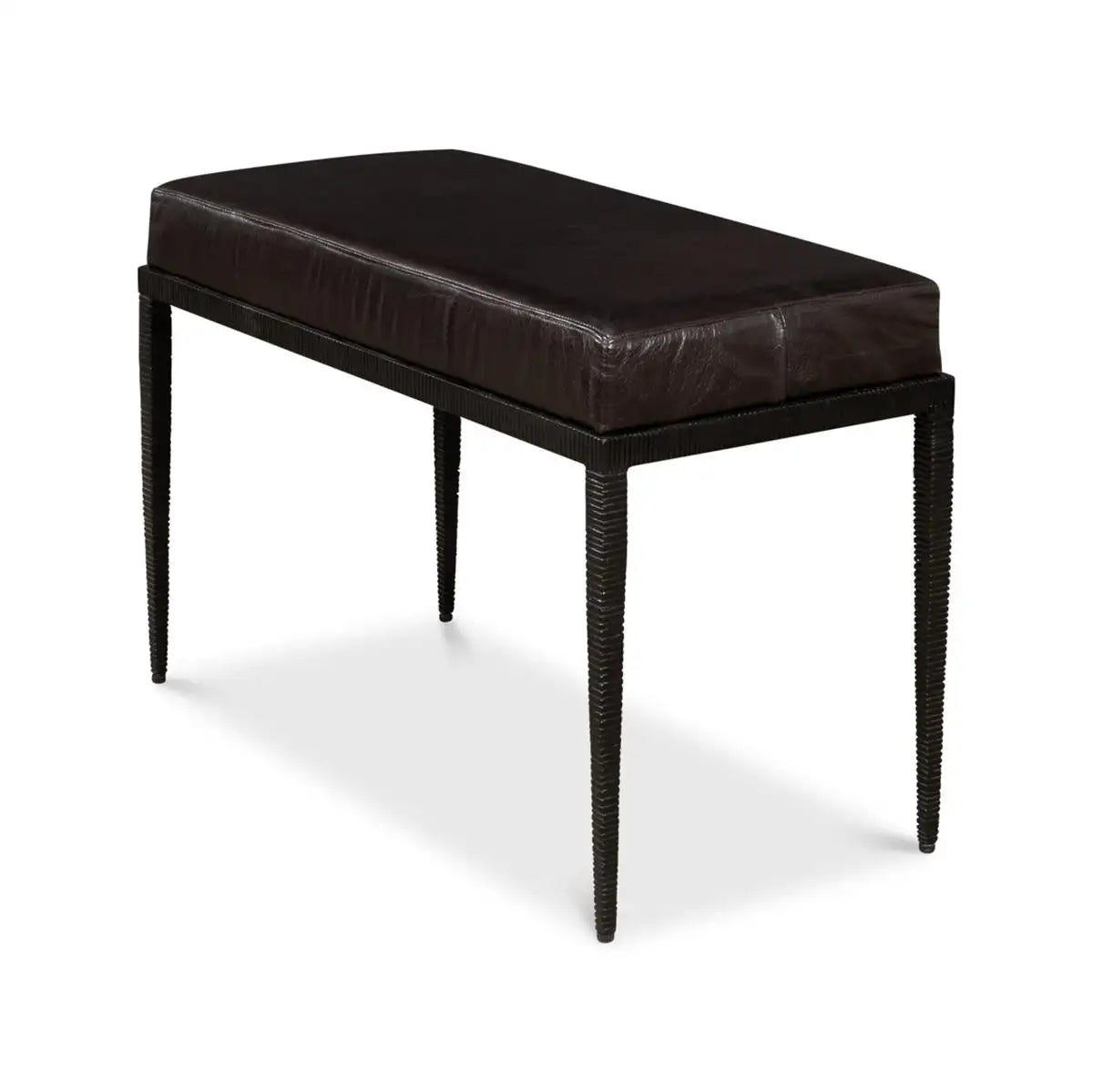 Dark brown leather bench with black metal legs on a white background