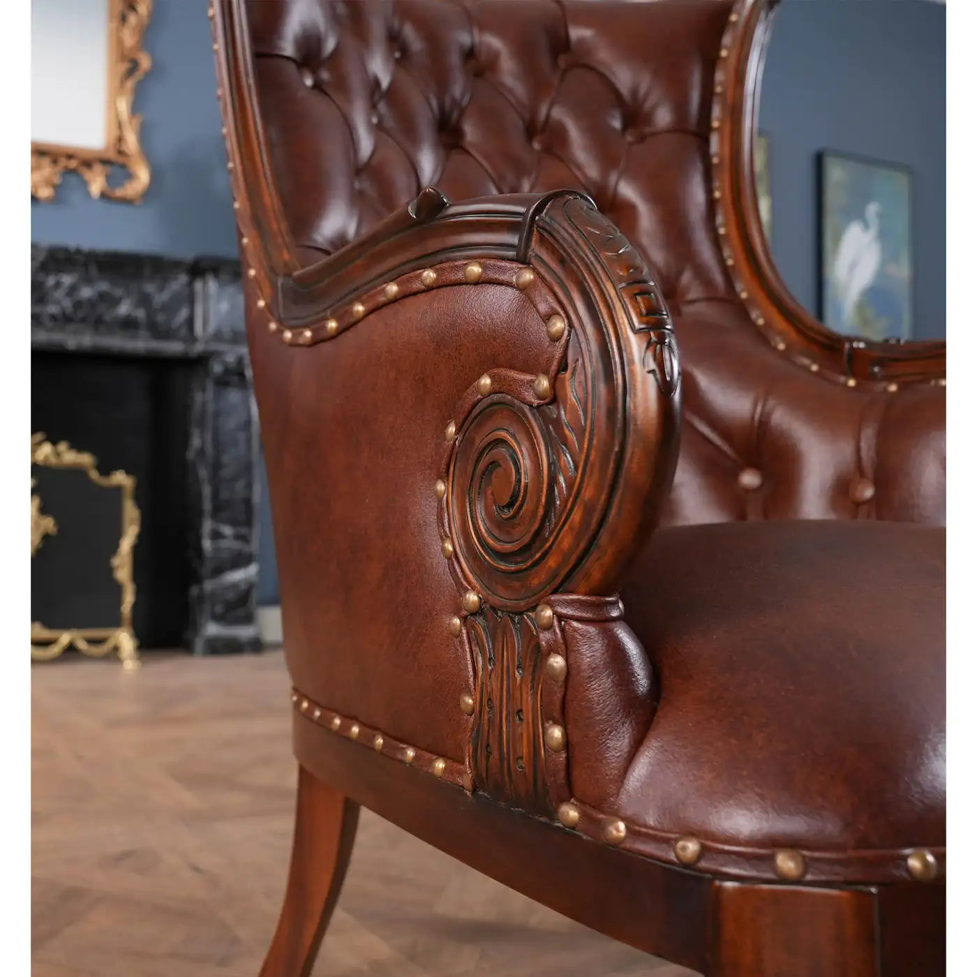 Leather Fireside Chair with Tufted Genuine Leather and Mahogany Frame
