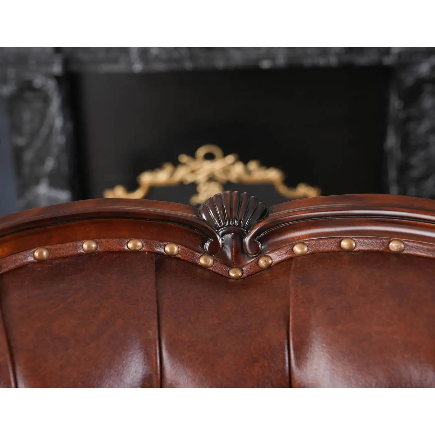 Leather Fireside Chair with Tufted Genuine Leather and Mahogany Frame