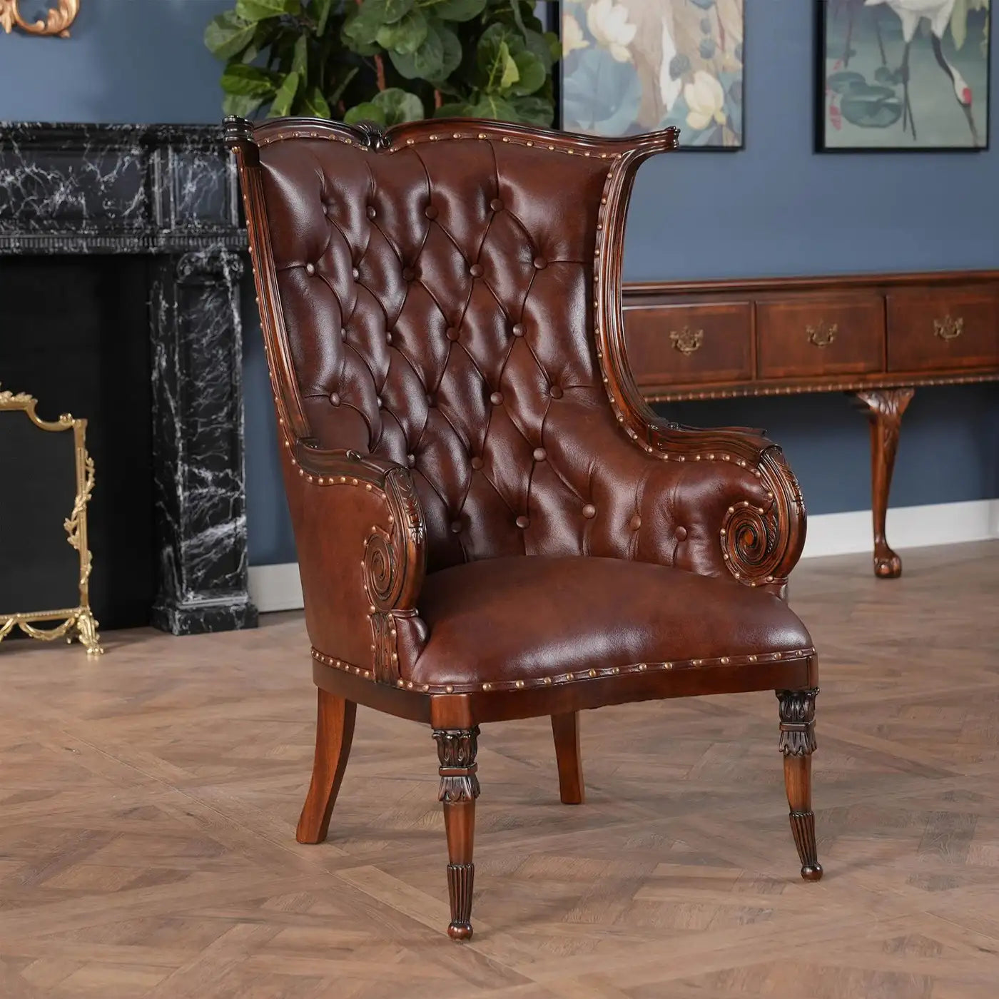 Brown leather armchair in a room with a fireplace and decorative elements.