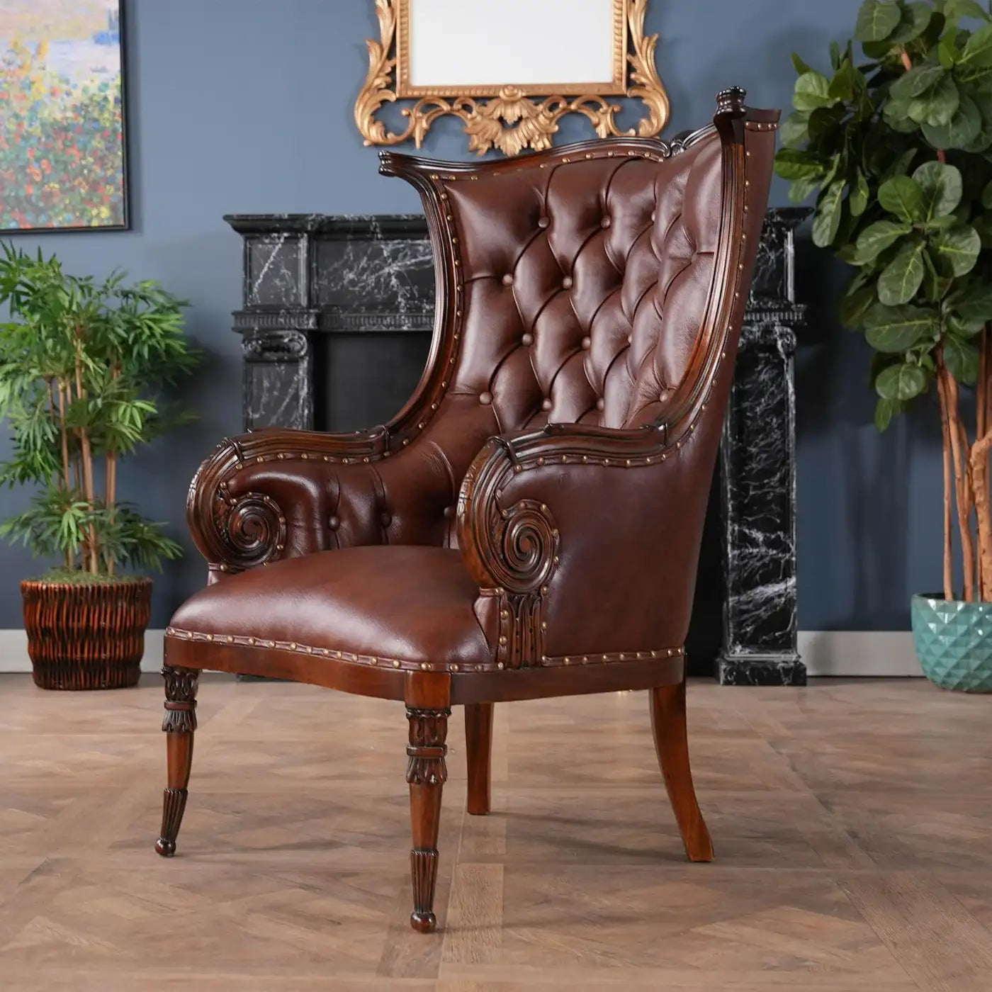 Decorative brown leather armchair in a room with plants and a fireplace.