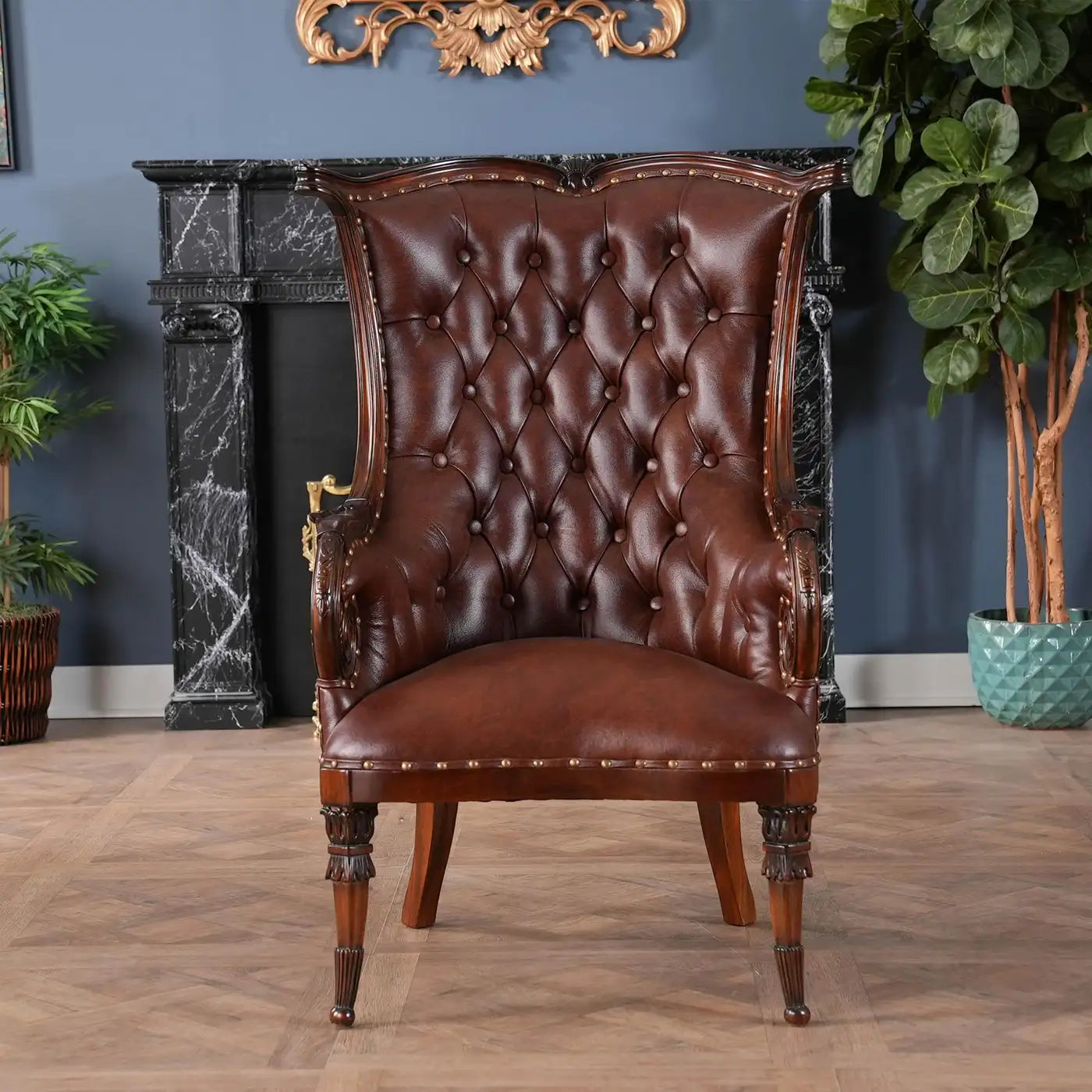 Brown leather chair in a room with a fireplace and decorative elements.