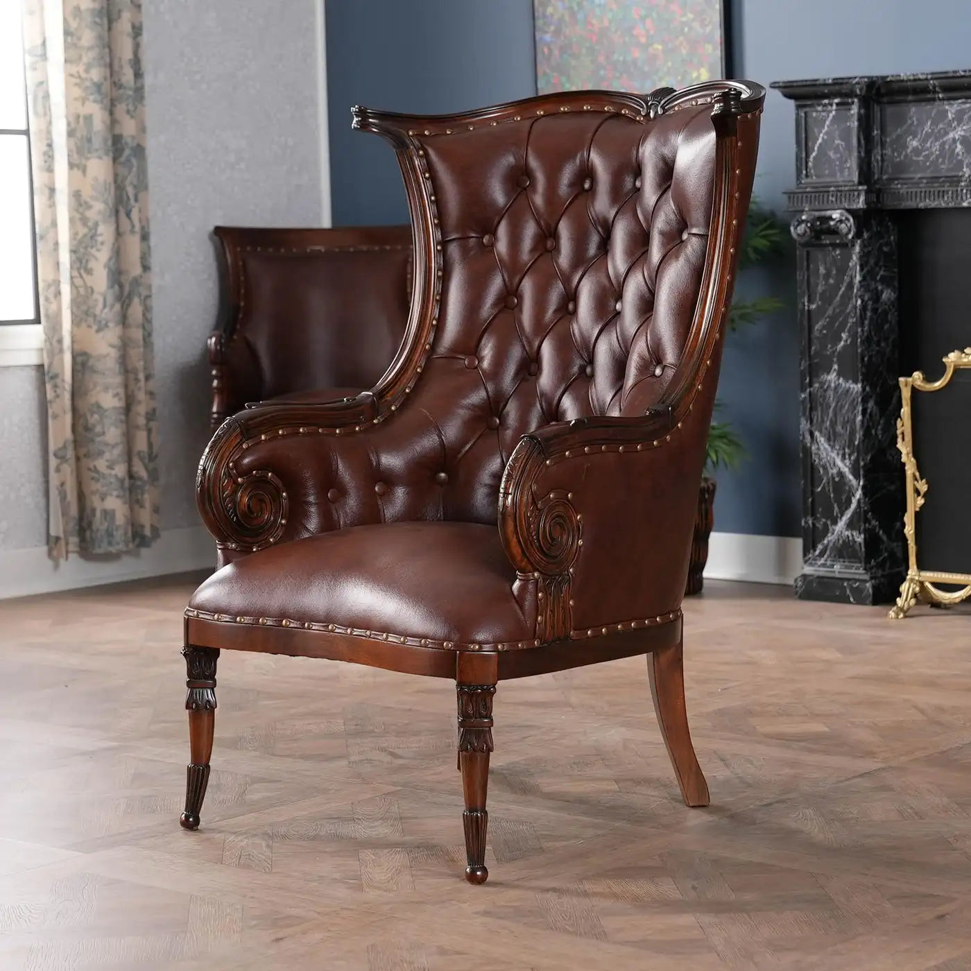 Leather Fireside Chair with Tufted Genuine Leather and Mahogany Frame