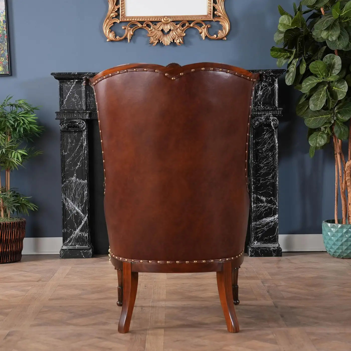 Leather Fireside Chair with Tufted Genuine Leather and Mahogany Frame