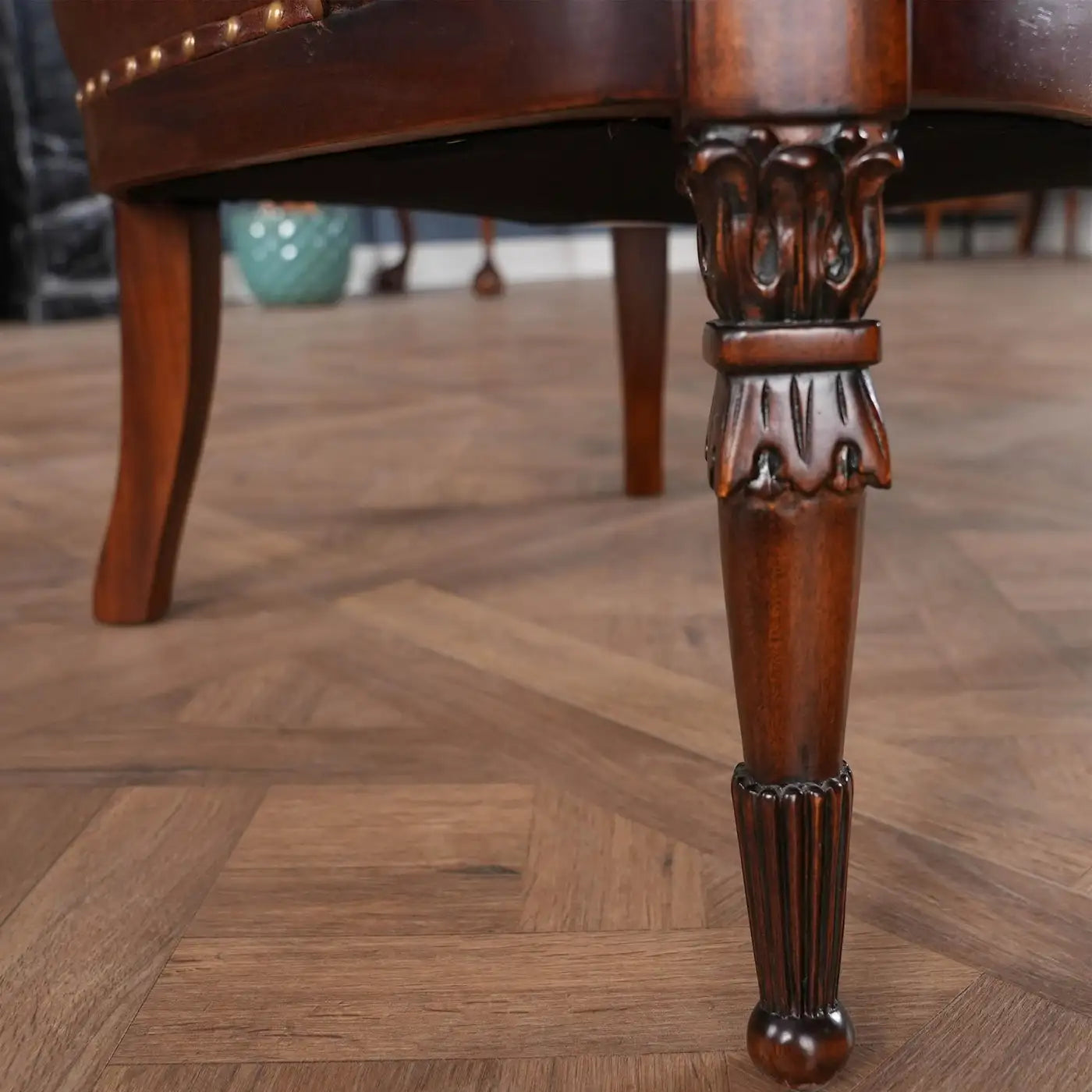 Leather Fireside Chair with Tufted Genuine Leather and Mahogany Frame