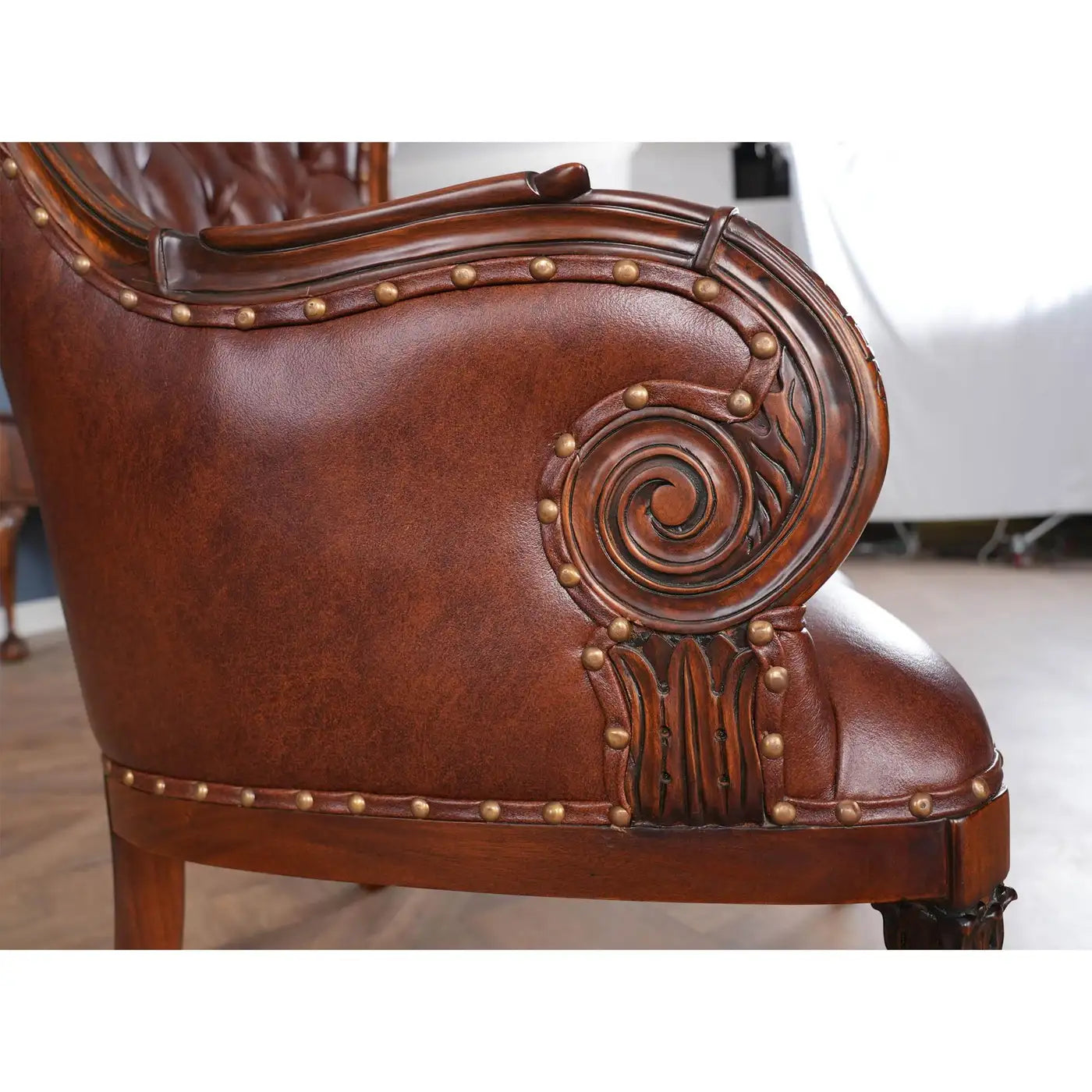 Leather Fireside Chair with Tufted Genuine Leather and Mahogany Frame