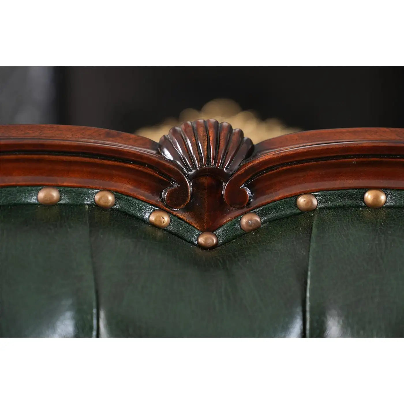 Green Leather Fireside Chair with Tufted Back and Mahogany Frame