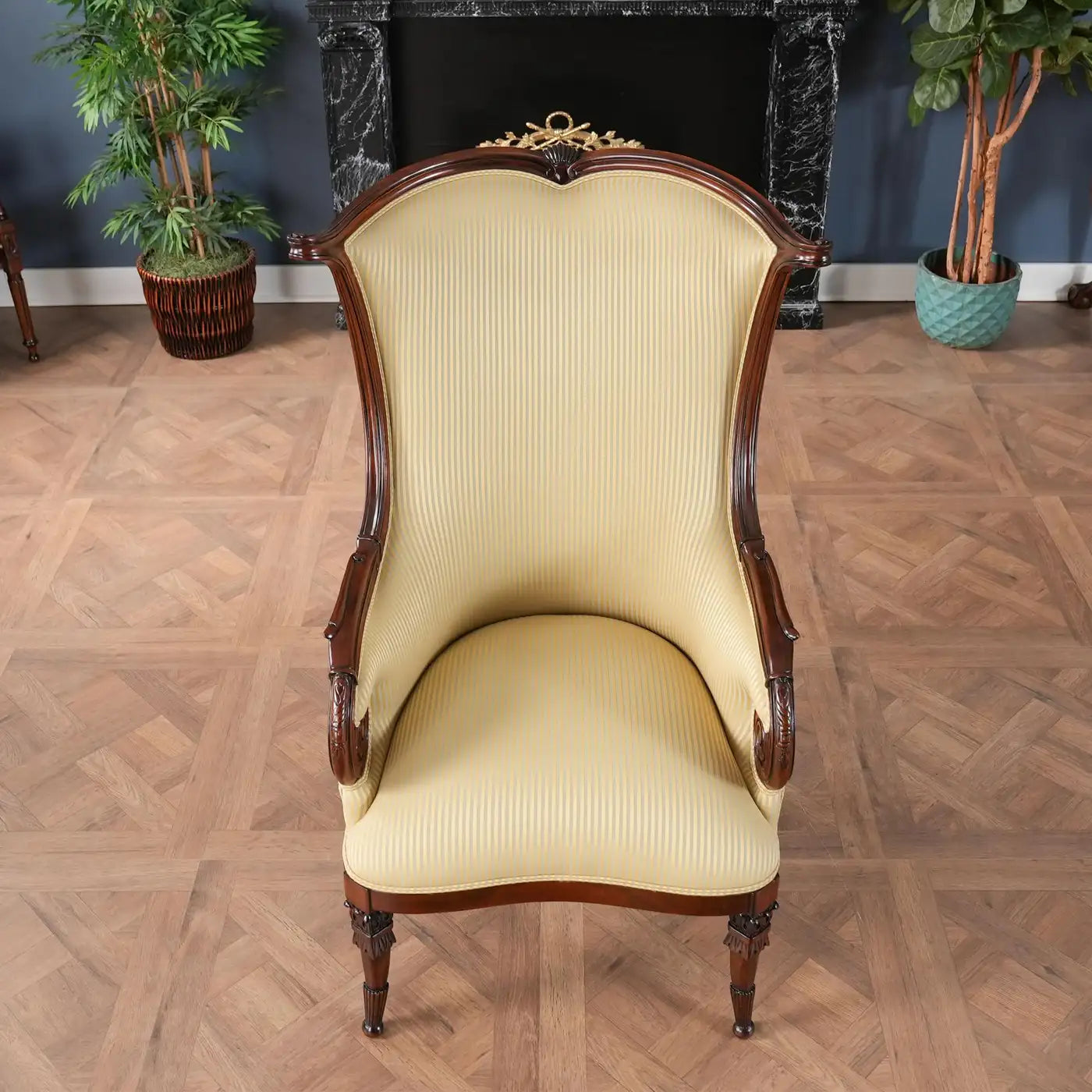 American Fireside Chair with Neutral Upholstery and Mahogany Frame