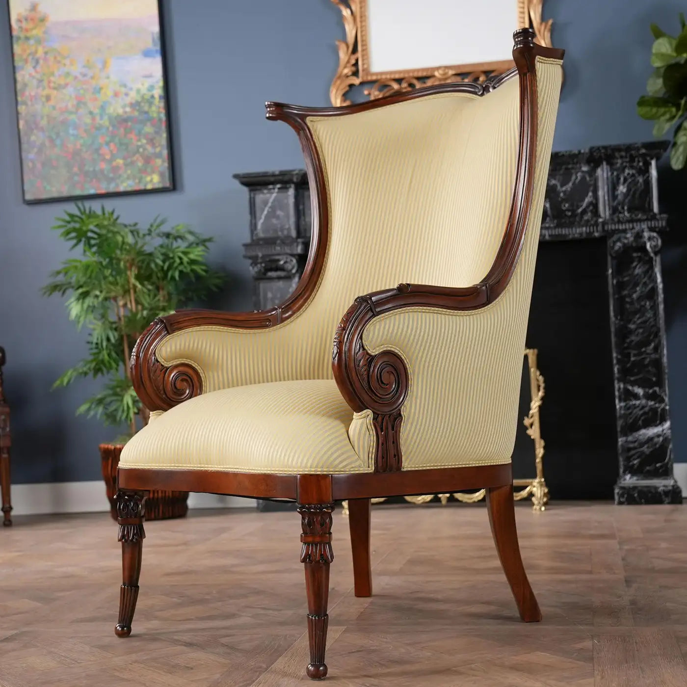 Vintage-style chair with wooden frame and beige cushion in a room with decorative elements.