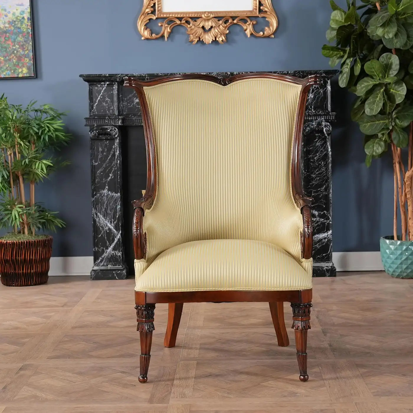 Vintage-style chair with cream upholstery and wooden frame in a room with decorative elements.