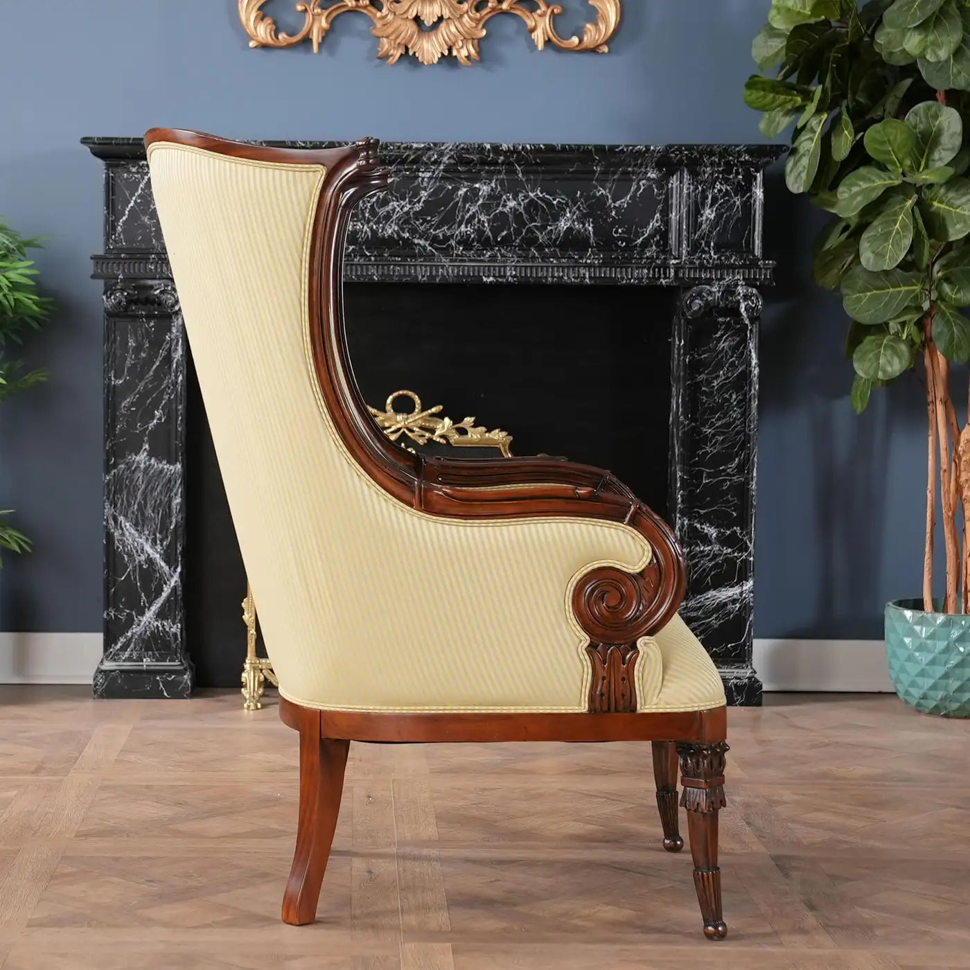 American Fireside Chair with Neutral Upholstery and Mahogany Frame