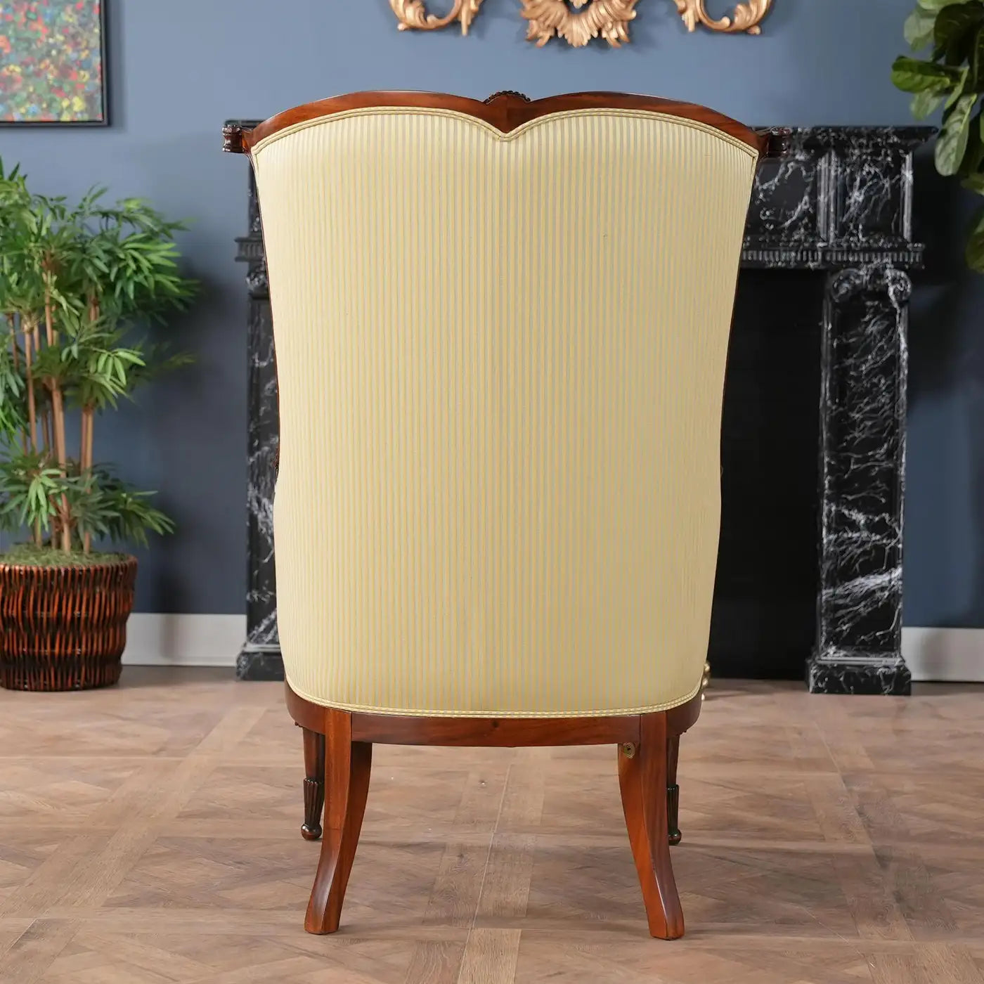 American Fireside Chair with Neutral Upholstery and Mahogany Frame