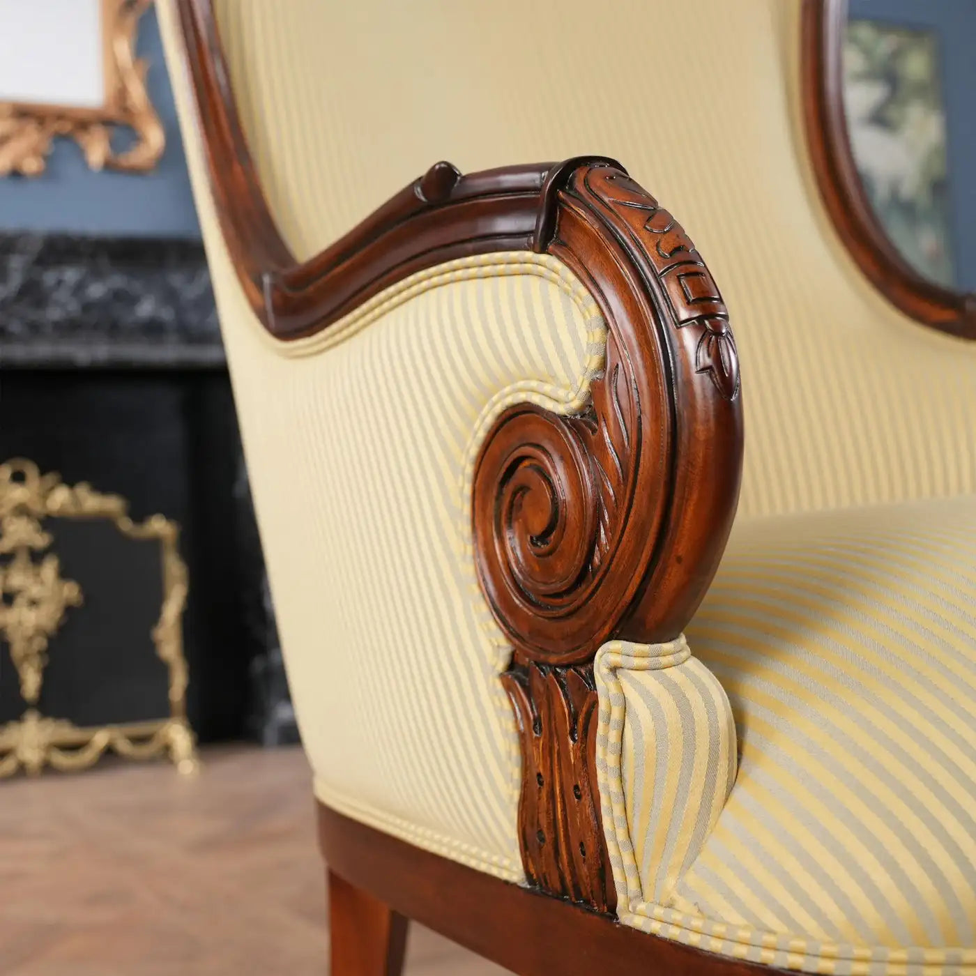 American Fireside Chair with Neutral Upholstery and Mahogany Frame