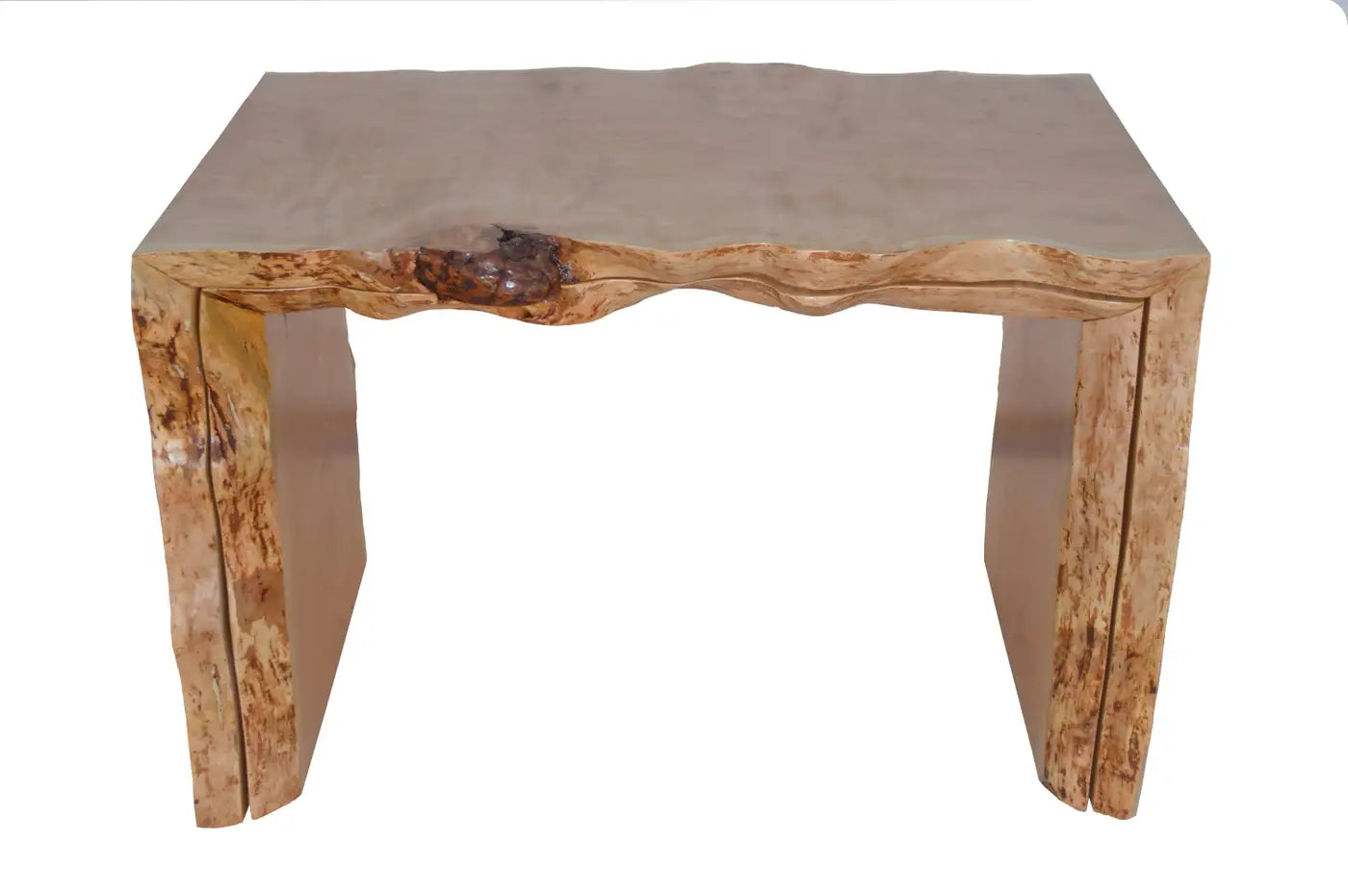 Wooden side table with natural edge design on a white background