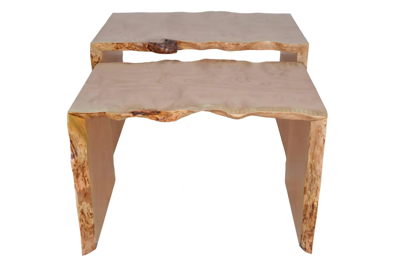Two wooden side tables with a natural, rustic finish on a white background