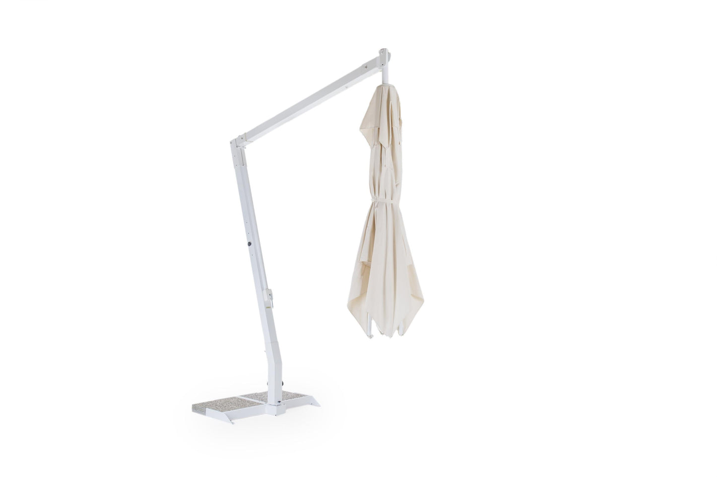 White umbrella stand with a beige umbrella on a white background