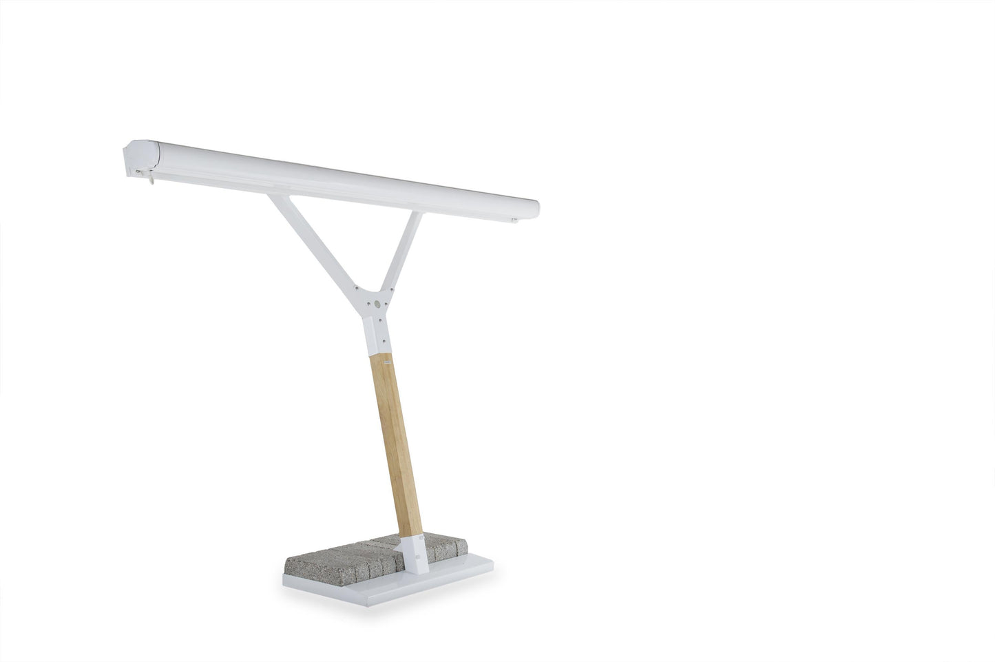 White LED desk lamp with wooden base on a white background