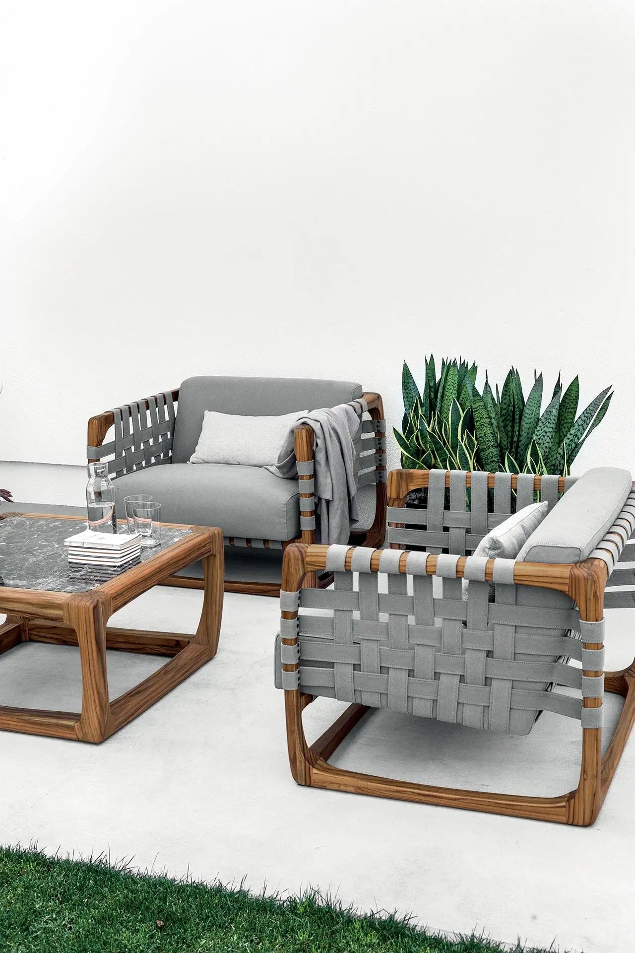 Contemporary Outdoor Marble Dining Table, Six Dining Chairs in Solid Teak