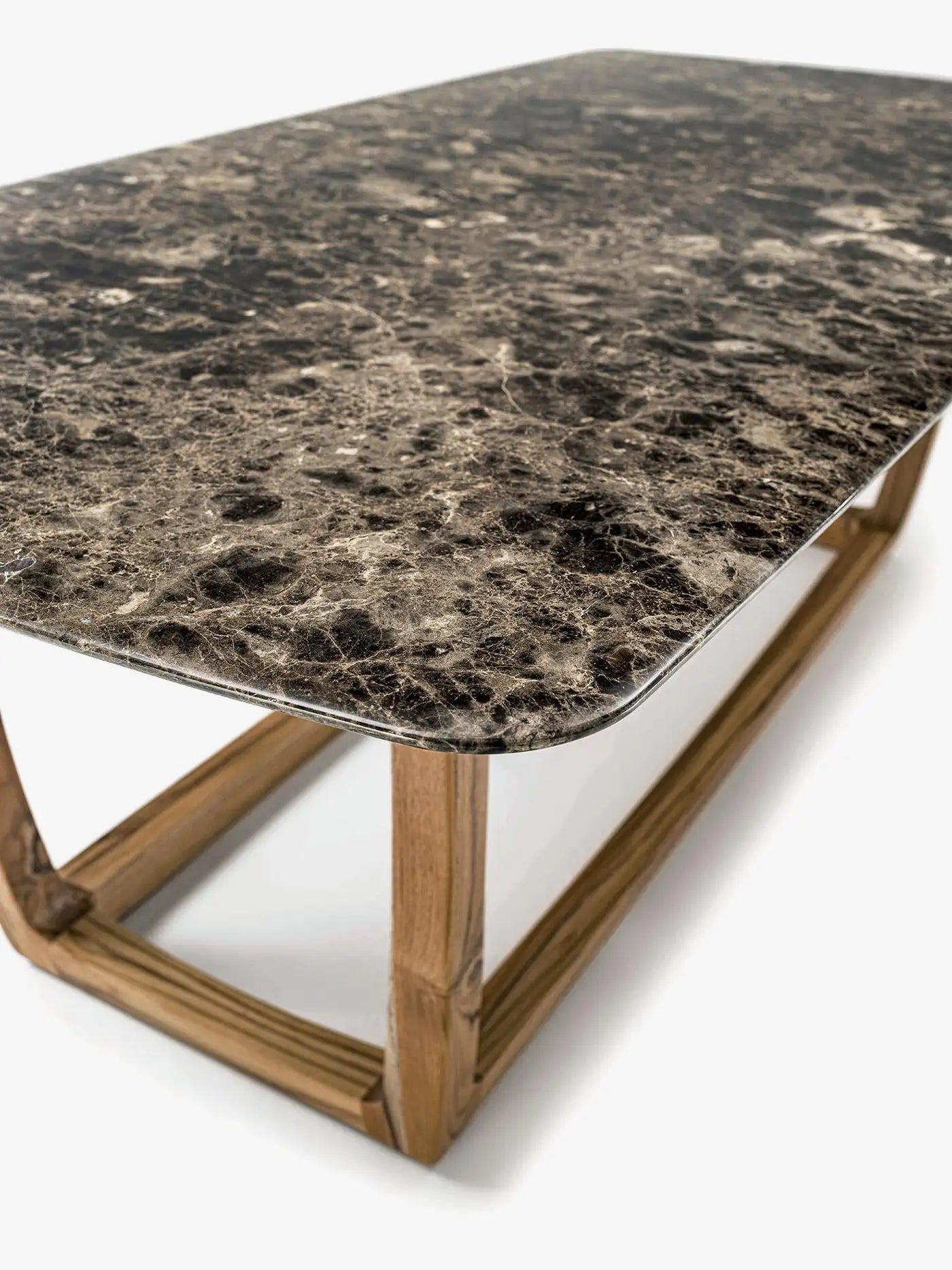 Contemporary Outdoor Marble Dining Table, Six Dining Chairs in Solid Teak